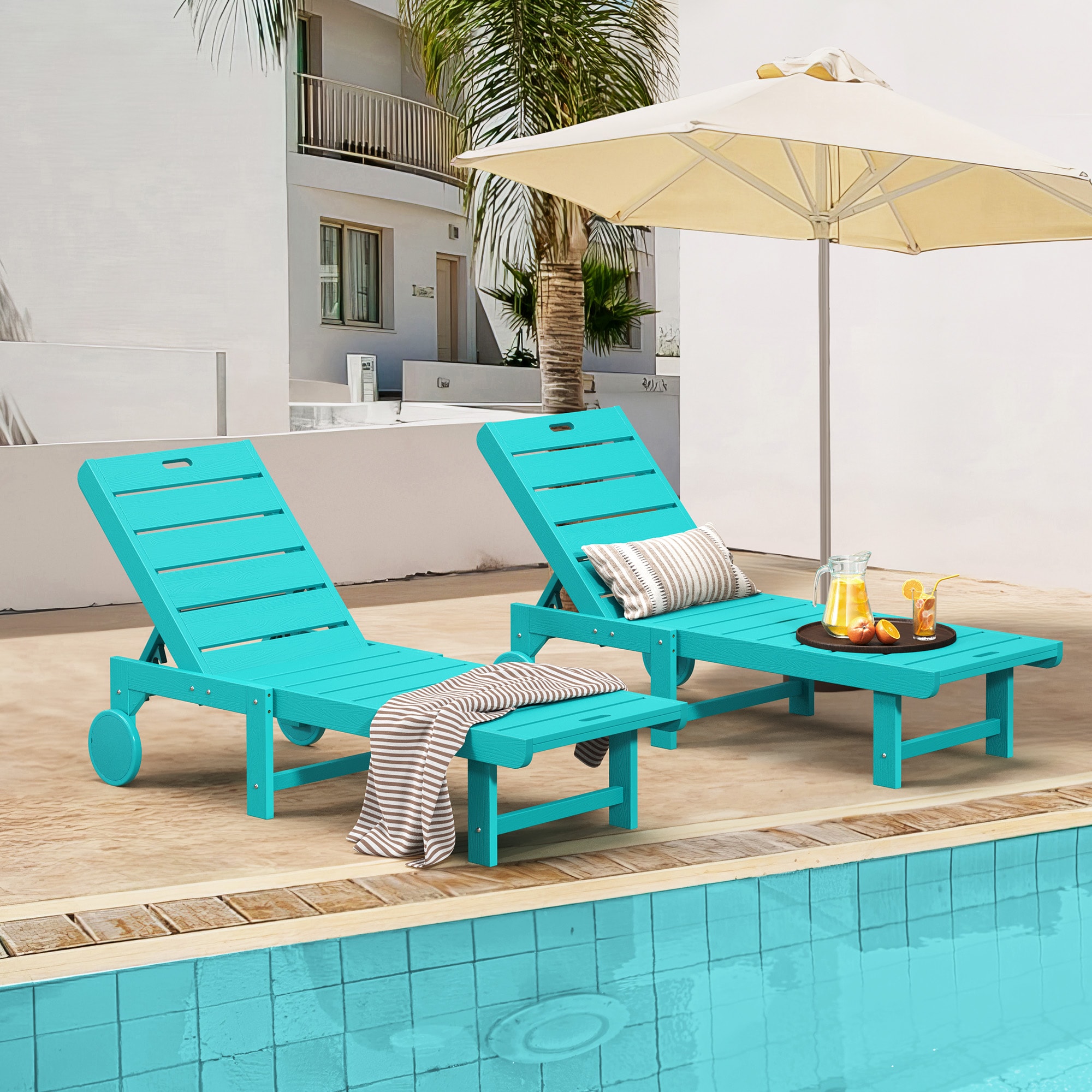 Yurevna 2JT-003-05LS Chaise lounge Set of 2 Aruba Blue HDPE Frame Stationary Chaise Lounge Chair with Slat Seat