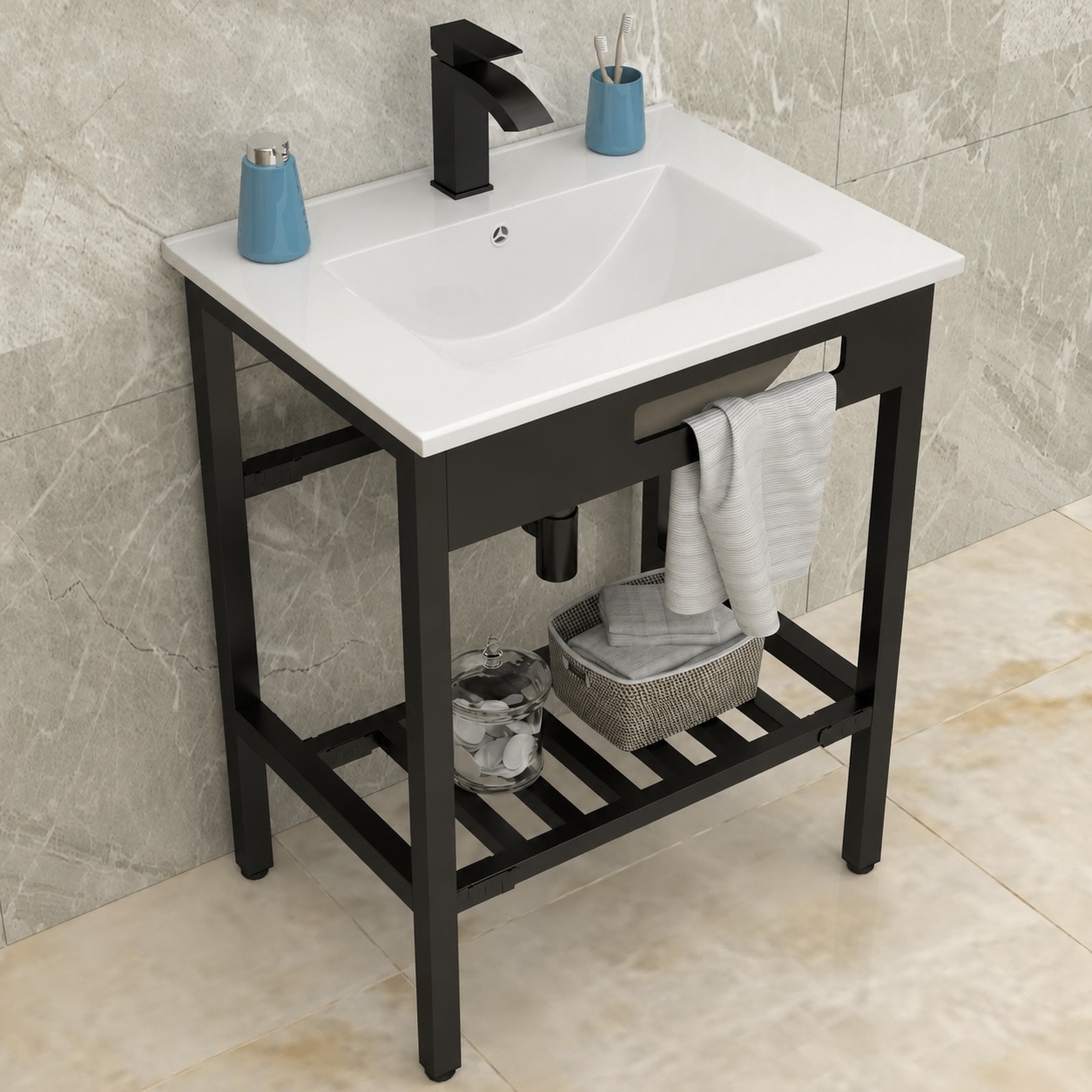 JVFCXXV  Freestanding Bathroom Console Sink Set 24 x 18 Inch White Ceramic Vessel with Storage Shelf Towel Rack Black Faucet Drain for Indoor