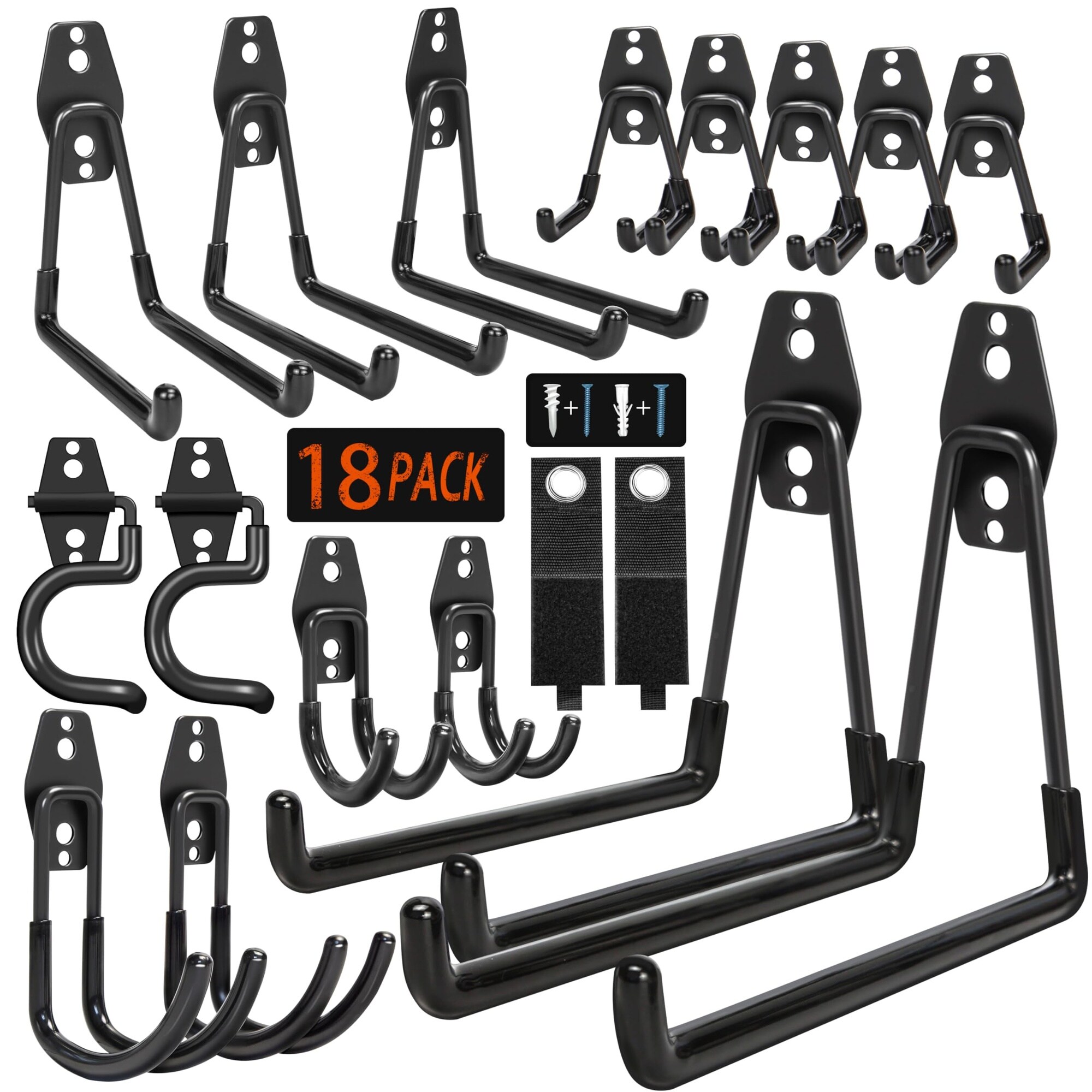 Phewnyzo  18 pack heavy duty garage hooks with anti slip coating for bike ladder garden tools hose storage assorted U J S shapes includes