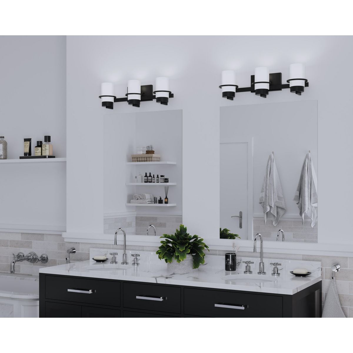 Matte Black 3-Light Vanity with White Glass Shades