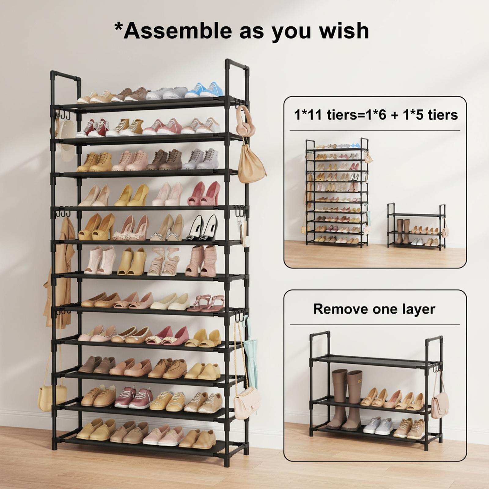 Baginizer 11 Tiers Tall Shoe Rack 55 Pair Storage With 18 Hooks Sturdy ...