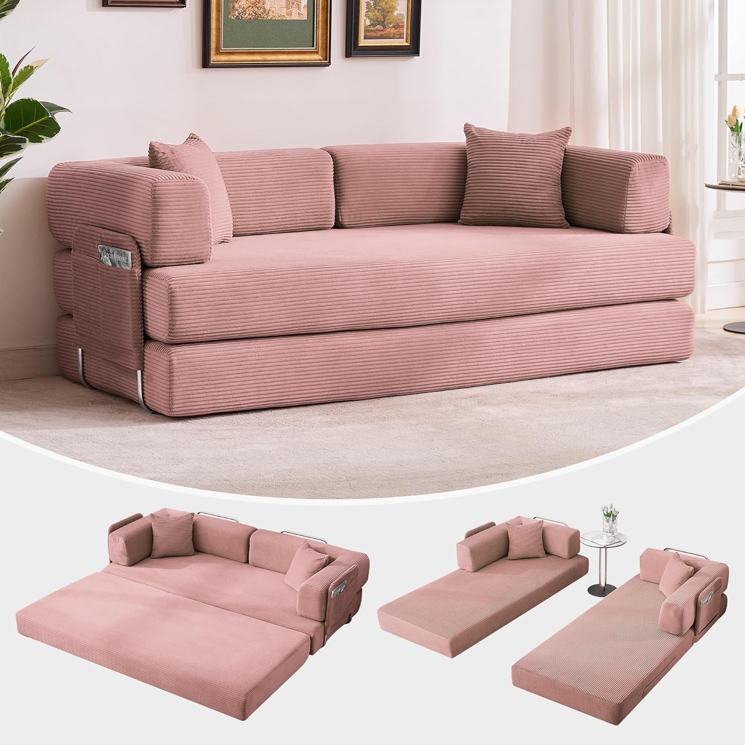 IdealHouse Convertible Couch  78.7 inches Folding Sofa Bed with 2 Pillows Plush Corduroy Boneless Convertible Sofa No Assembly Required for Living Room Bedroom Dormitory