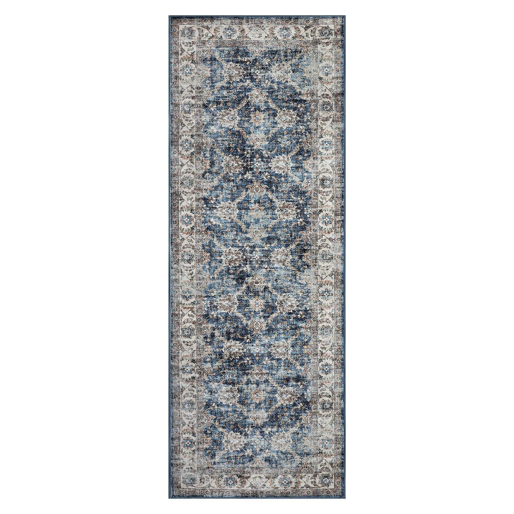 Qeetex LSN-PHO-34PVOKBG 2.5 x 8 ft(actual size) Polyester Cashmere Imitation Blue Rectangular Hallway Bathroom Entryway Kitchen Office Foldable Flower Printed Persian Washable Area Rug