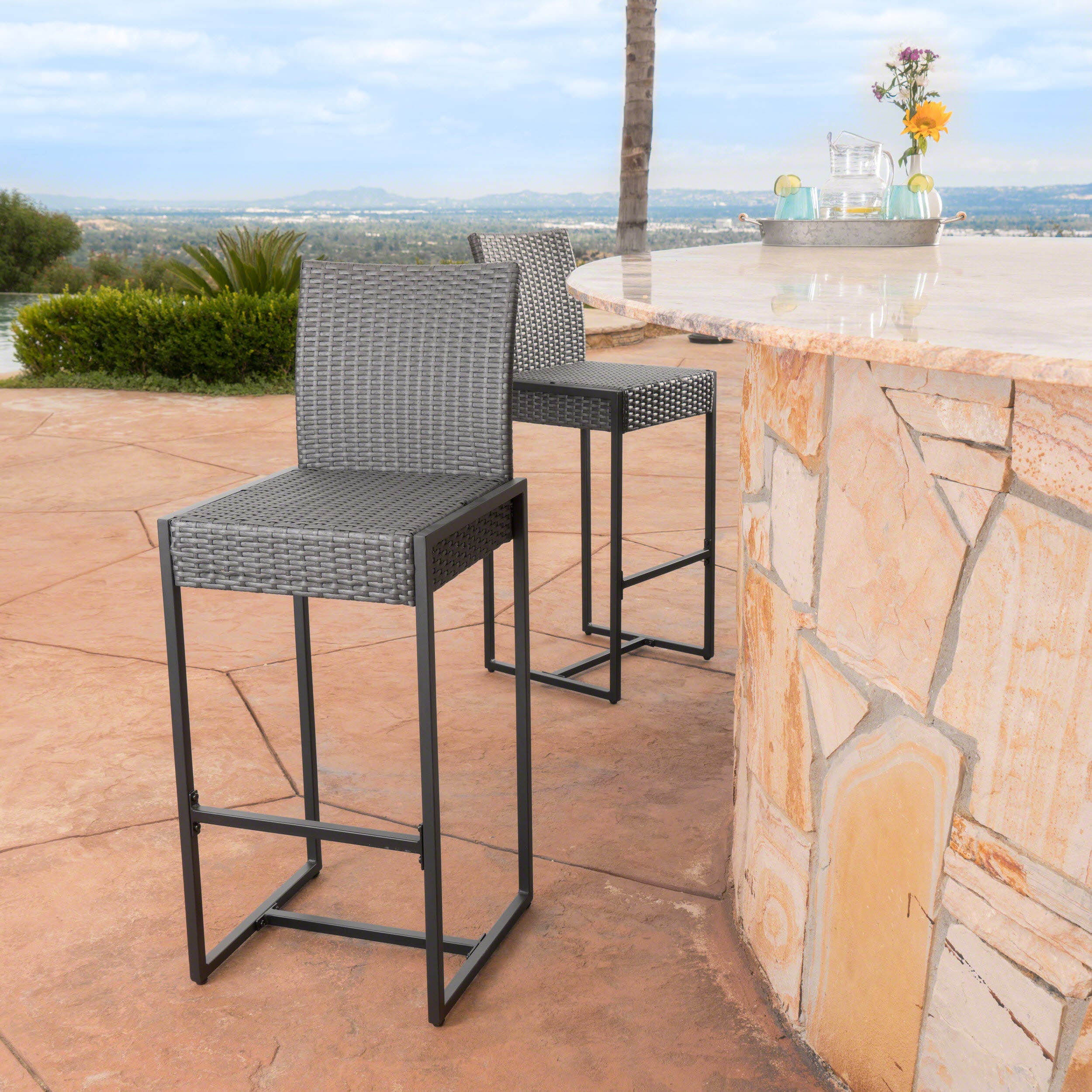 Gray Wicker and Iron Outdoor Barstools Set of 2