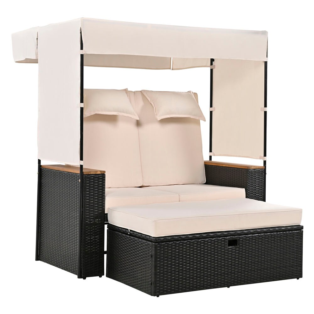 ModernLuxe L-TM000007AAA 2-Piece Rattan Outdoor Patio Bench Lounge Roof Set Rattan Outdoor Daybed with Beige Cushions and Steel Frame