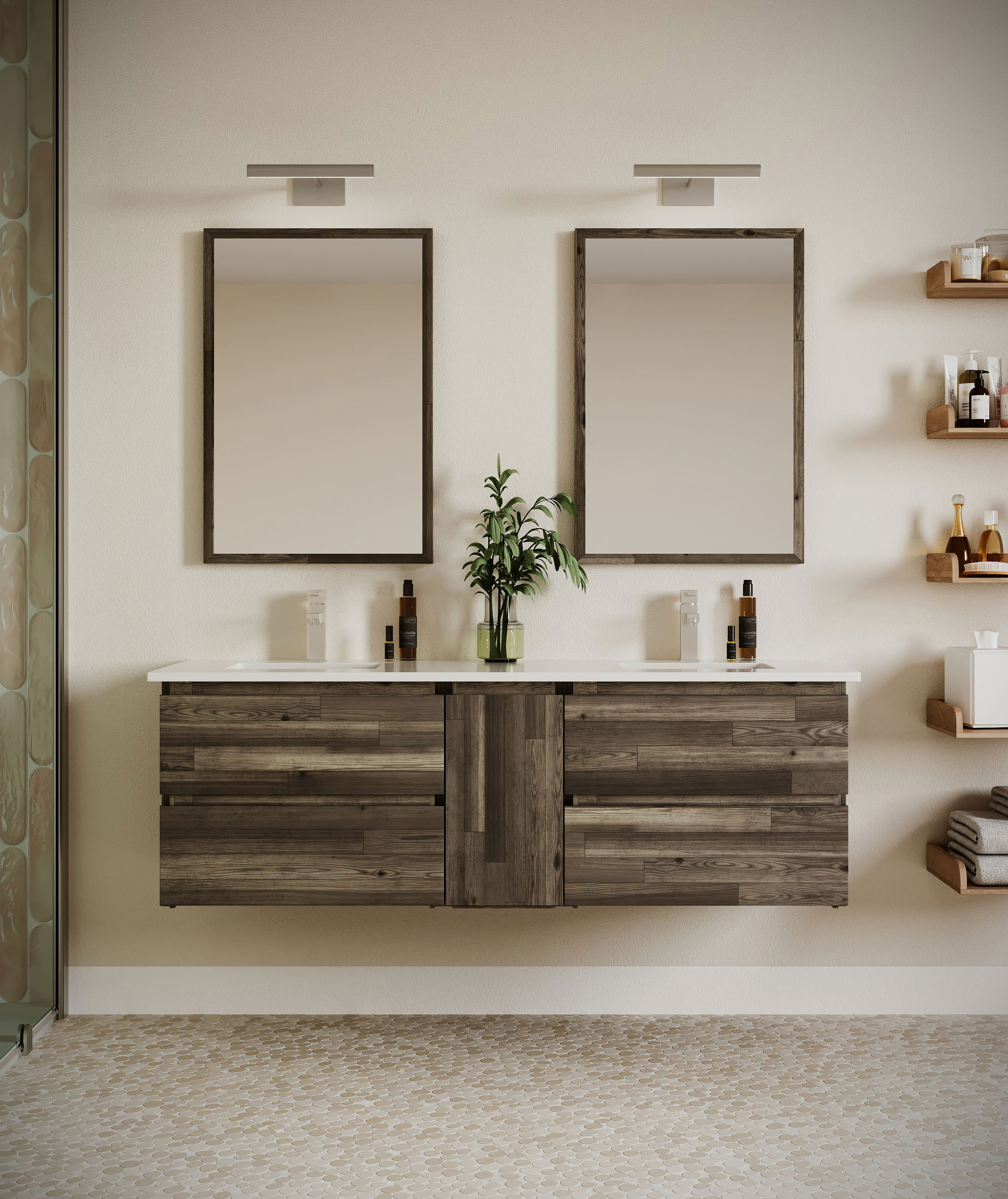 Elegant 60" Dual Sink Brown Quartz Wall-Mount Vanity Set