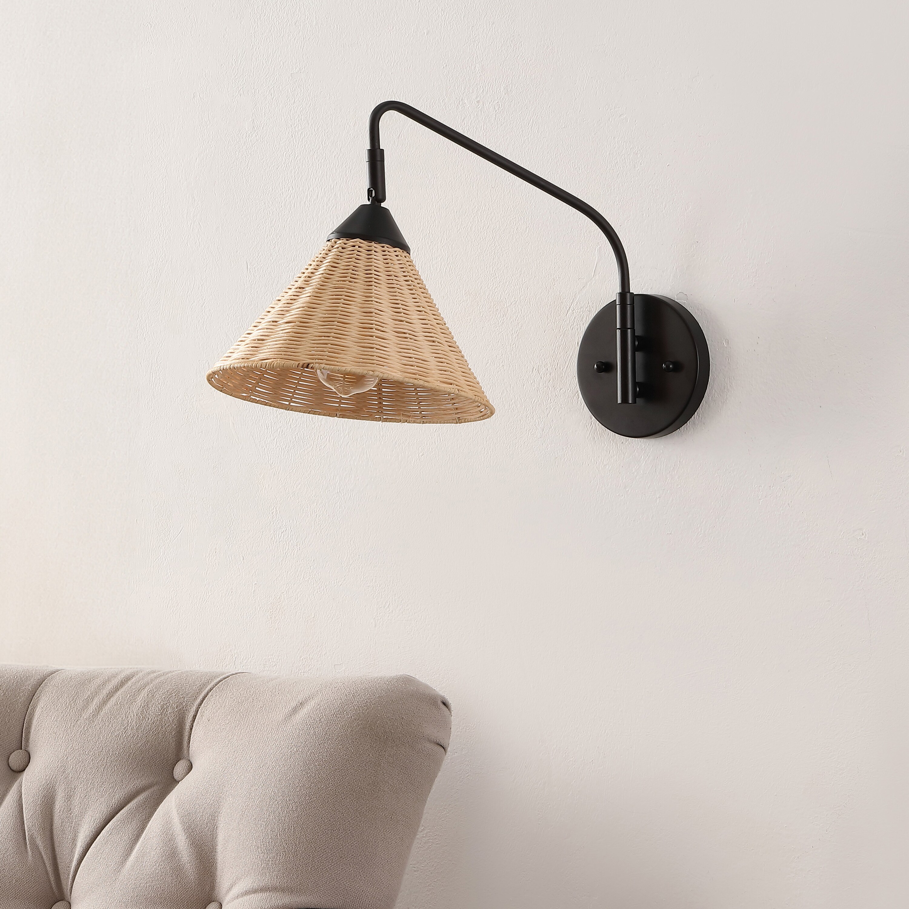 Black Iron Swing Arm Sconce with Natural Woven Shade