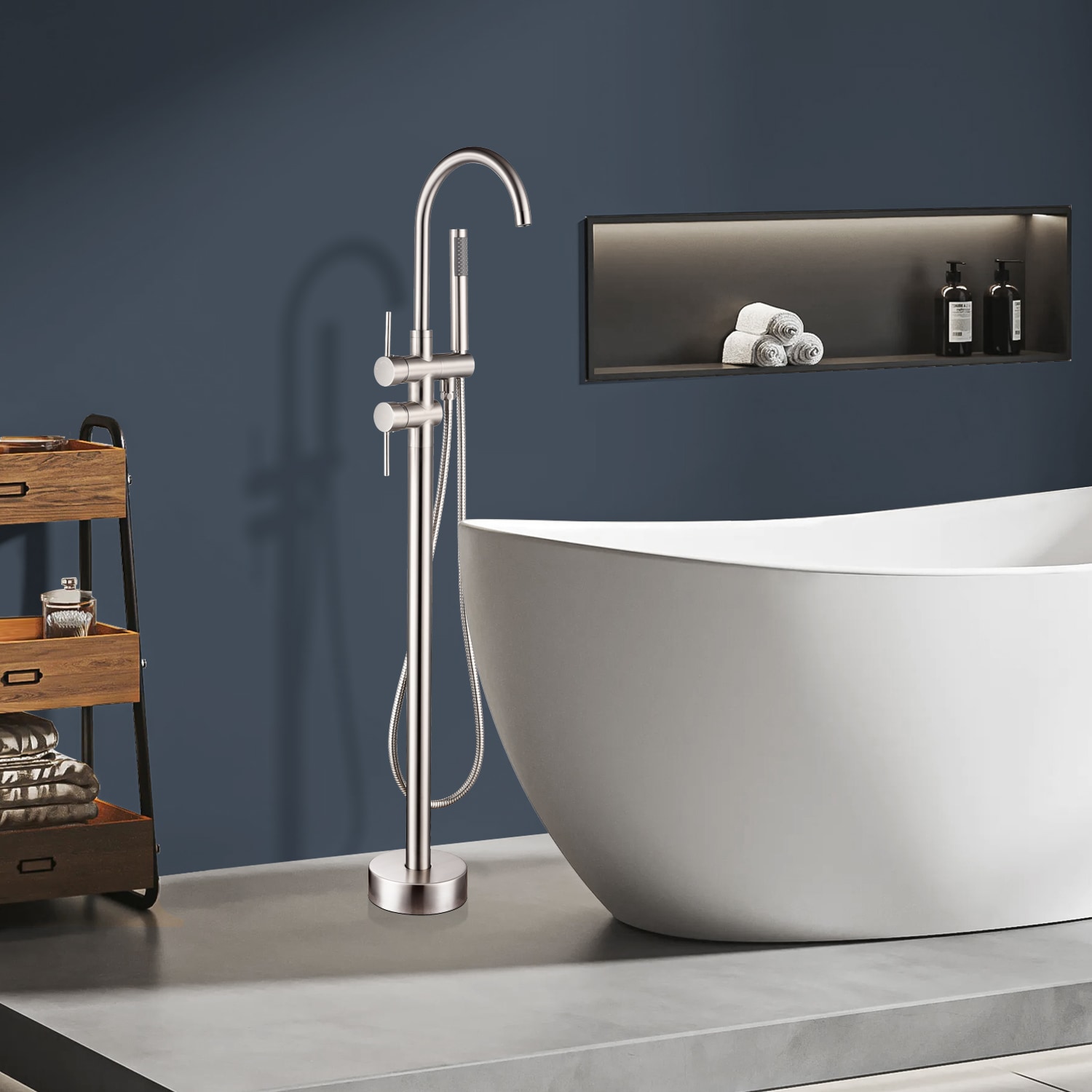 Topcraft FF012BN Brushed nickel 2-handle Freestanding High-arc Bathtub Faucet with Hand Shower