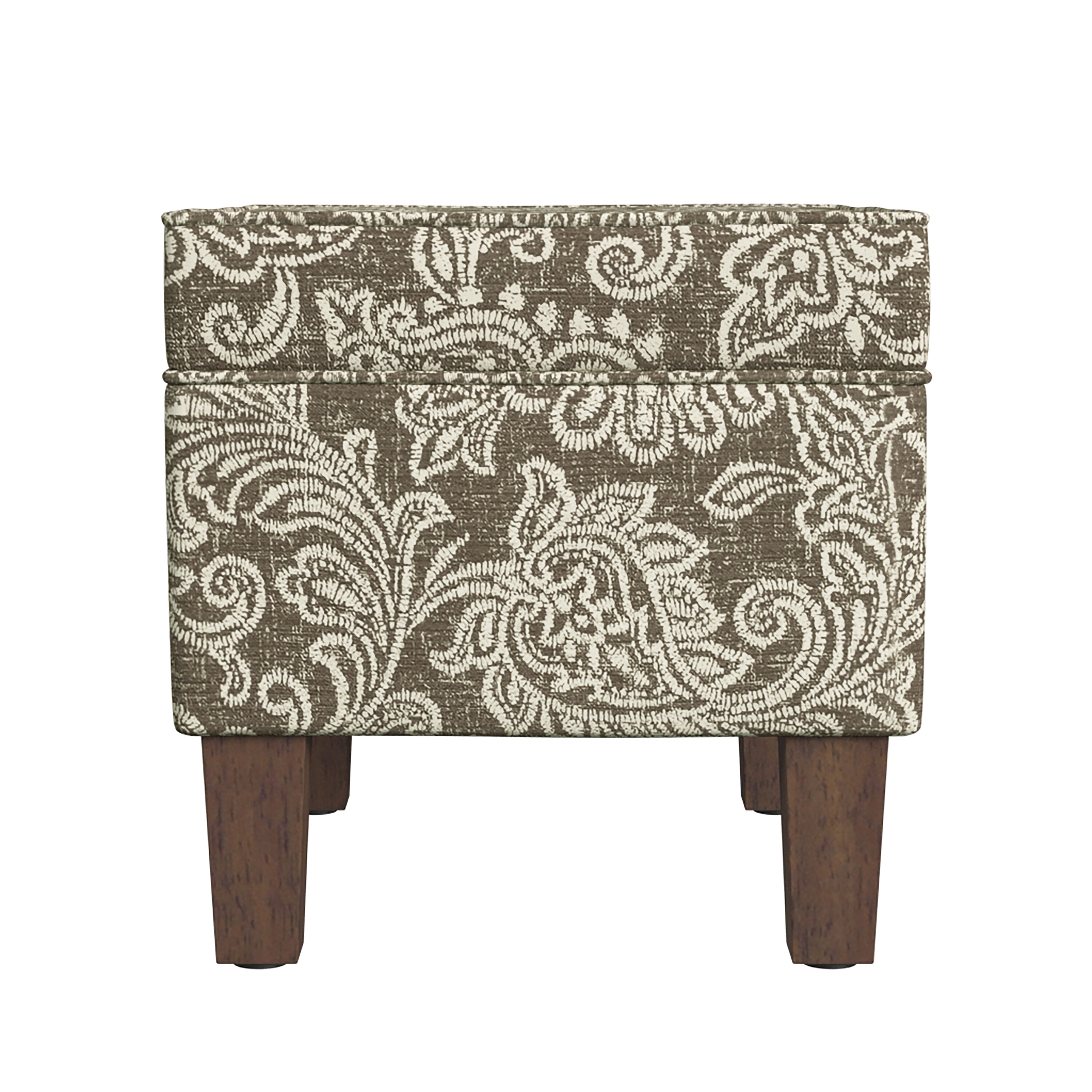 Brown Jacobean Print Upholstered Storage Ottoman with Hinged Lid