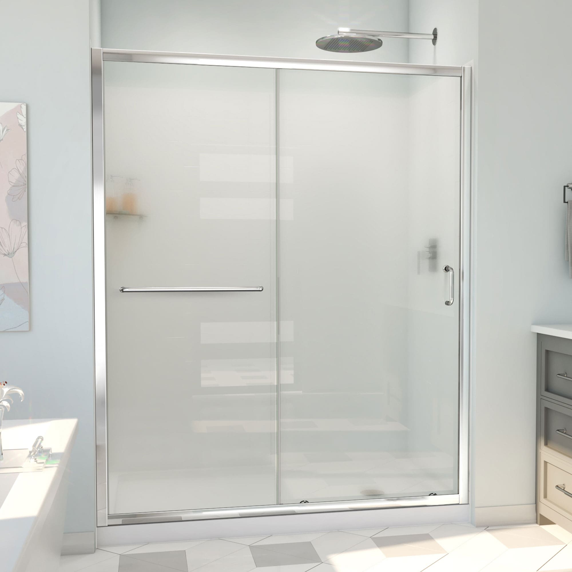 DreamLine D2096030XFR0001 Infinity-Z 3-Piece 60-in W x 30-in L x 79-in H Rectangular Alcove Shower Kit (Right Drain) with Base, Wall and Door Included Chrome Hardware Included