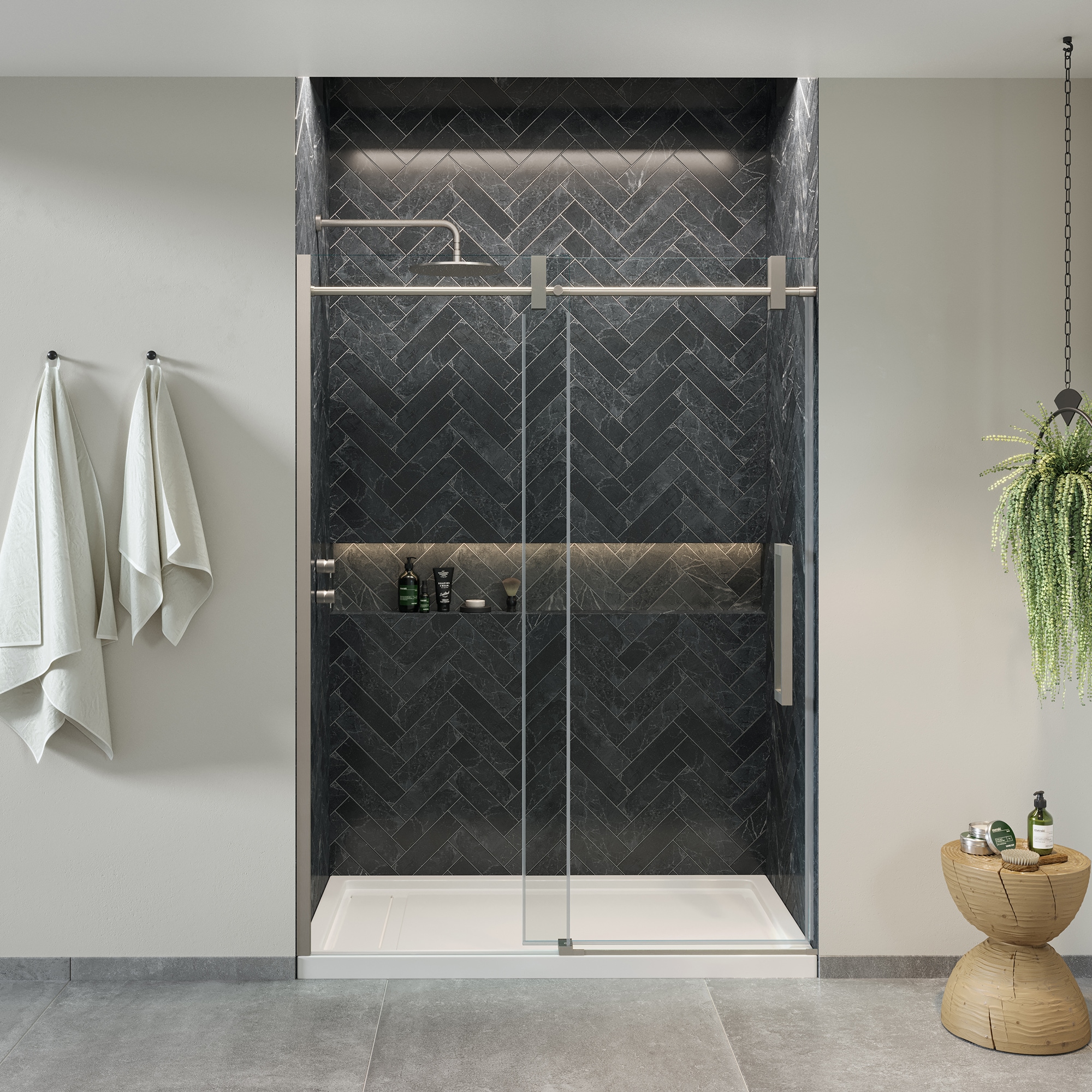 allen + roth BENNET-60GP-SN Bennet Satin Nickel 57-1/4-in to 60-1/16-in W x 78.74-in H Frameless Sliding Shower door 5/16-in Thick Clear Glass