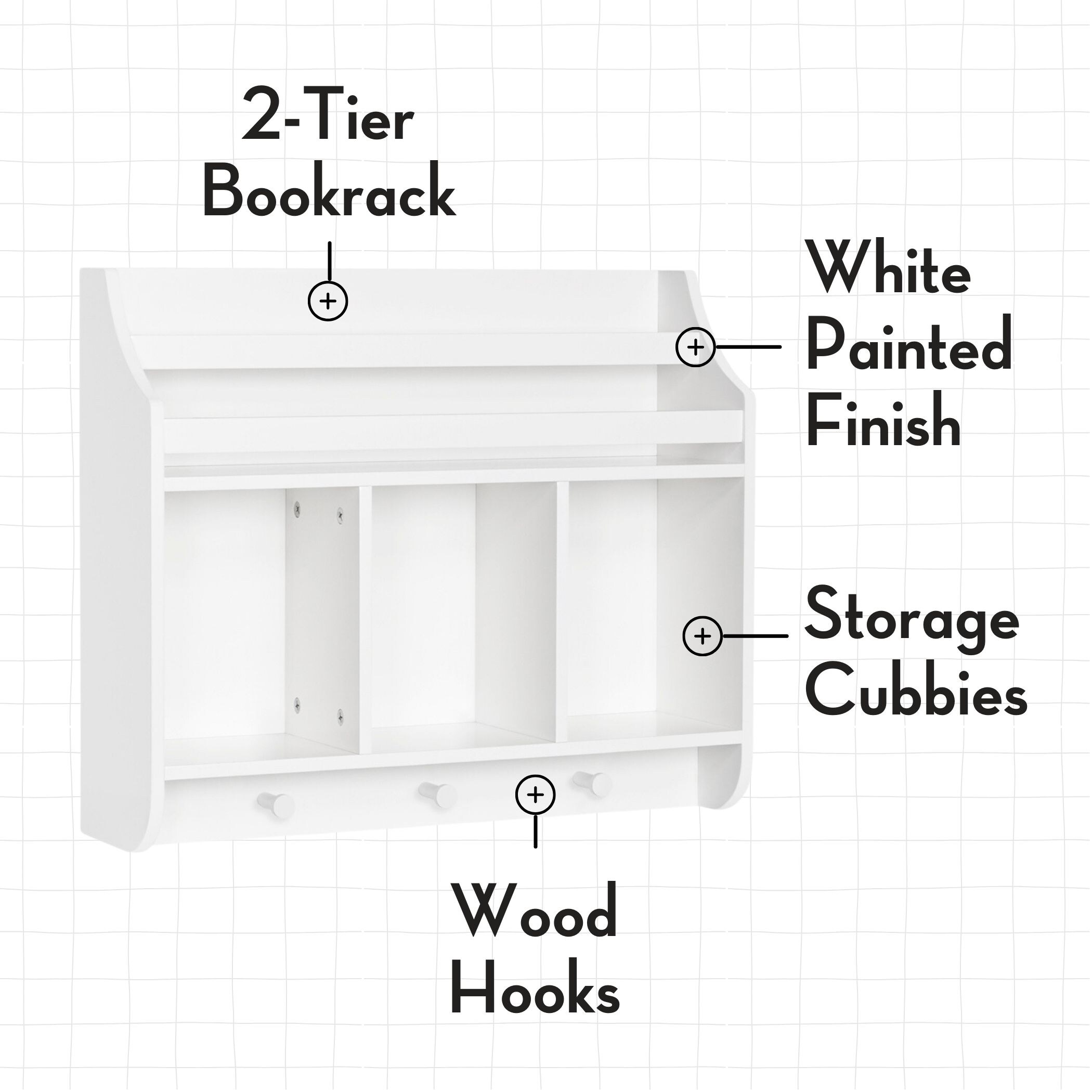 Playtime White Wall-Mounted Shelf with Bookrack and Cubbies for Kids