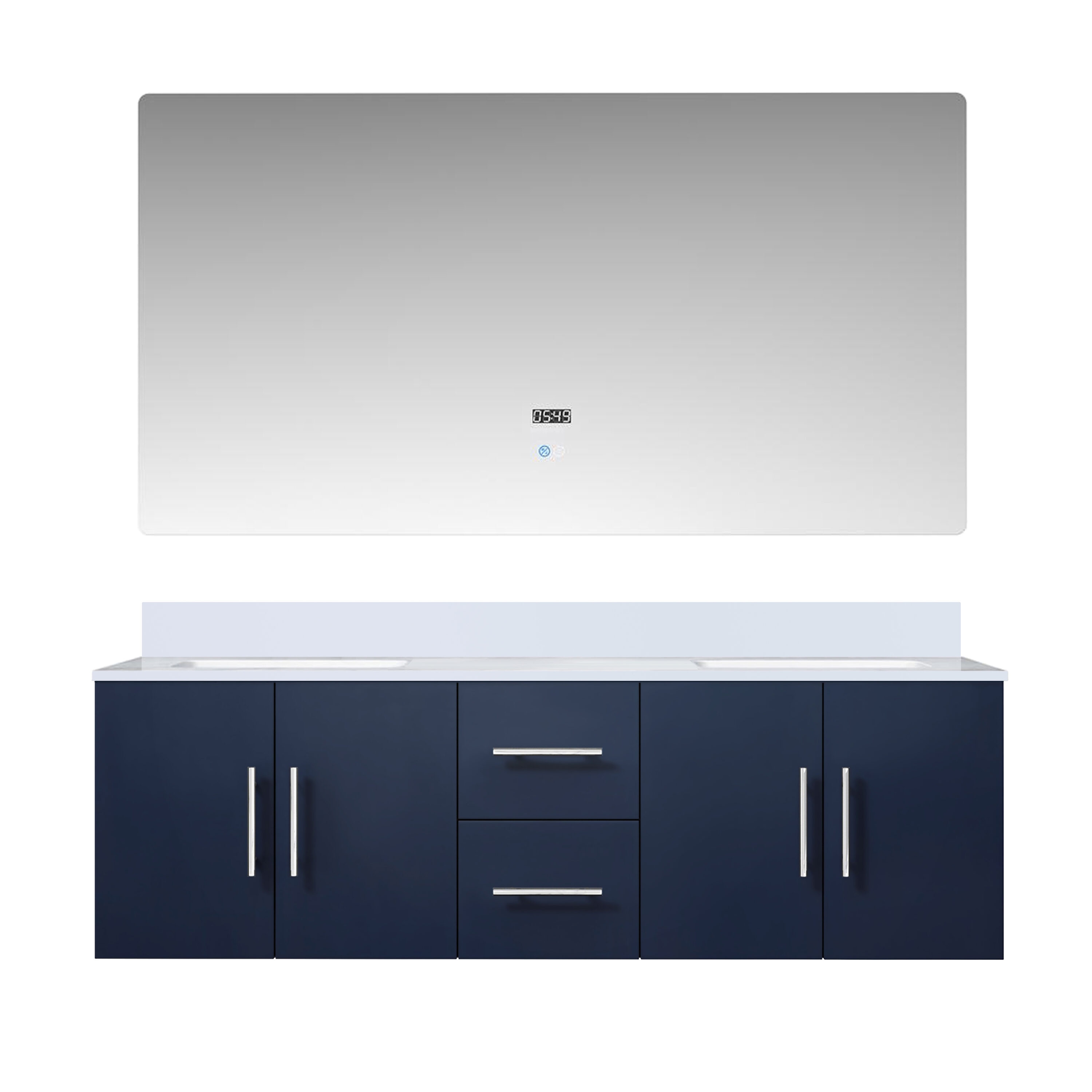 Lexora LVG60DE210 Geneva 60-in Navy Blue Undermount Double sink Floating Bathroom Vanity with White Quartz Top (Mirror Included)