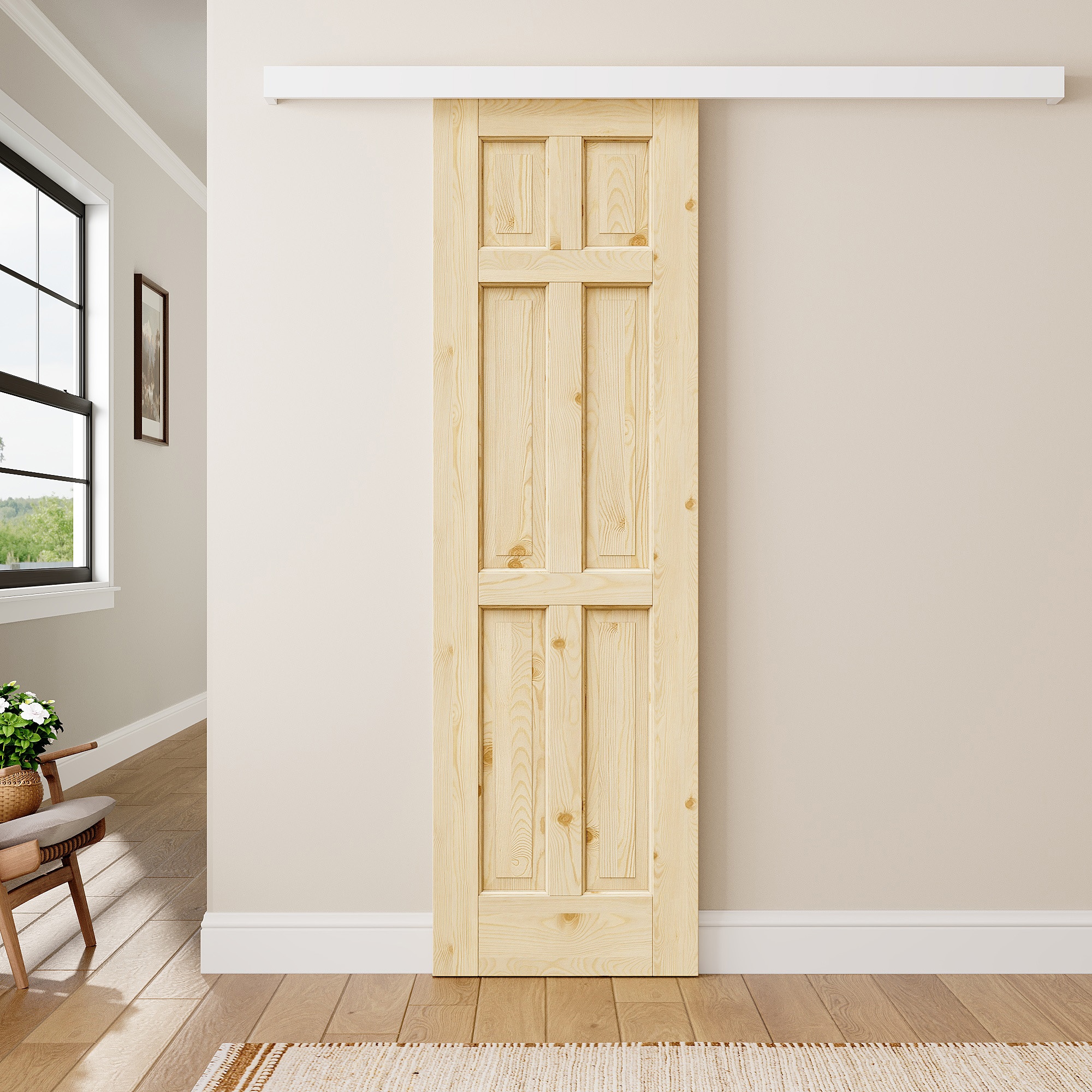HYALON - 6-Panel Unfinished Solid Core Pine Wood Hidden Track Sliding Barn Door with Hardware Kit...