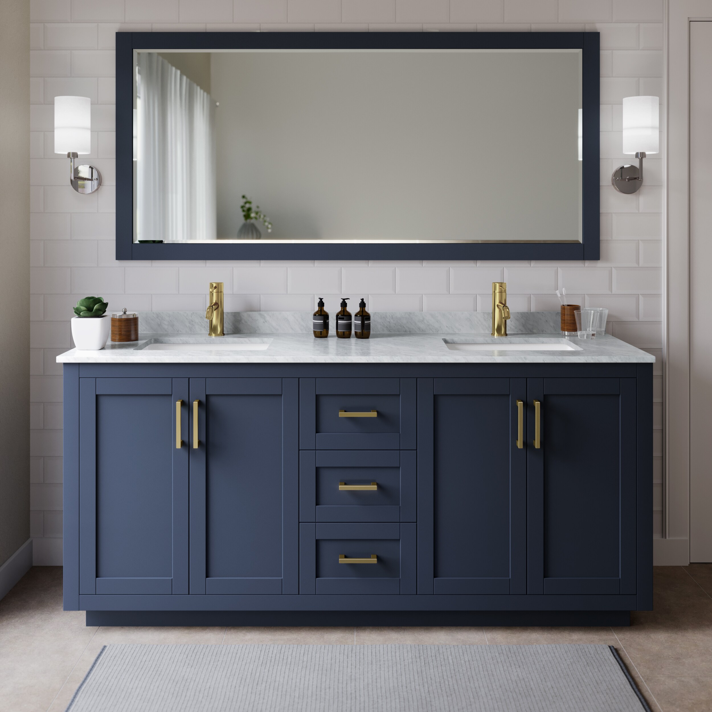Wyndham Collection WCF292972DBLCMUNSM70 Miranda 72-in Dark Blue with Brushed Gold Trim Undermount Double sink Bathroom Vanity with White Carrara Marble Marble Top (Mirror Included)