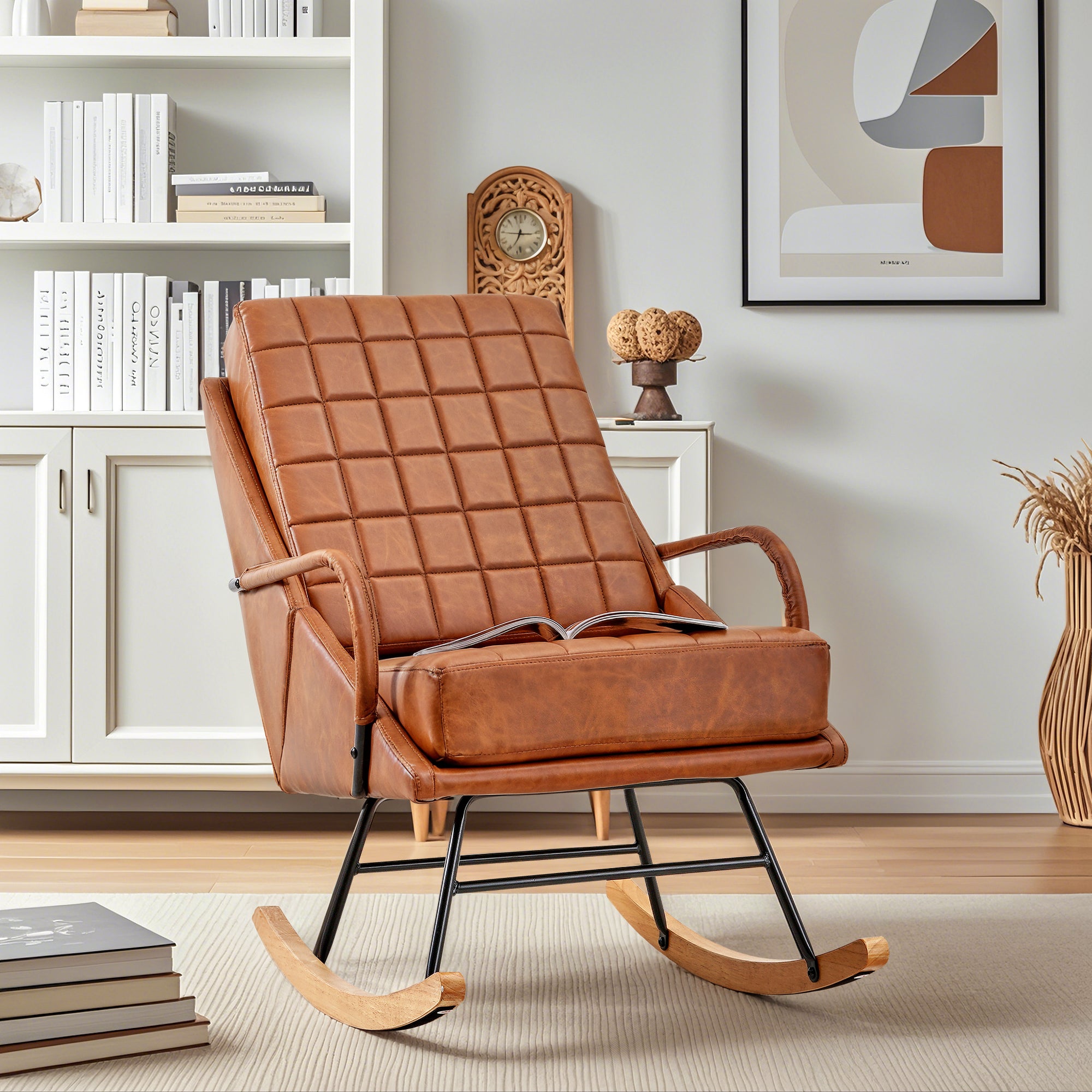 Vecelo PU Leather Rocking Chair Upholstered Single Sofa High Back Armchair with Padded Seat Indoor Accent Chair Brown