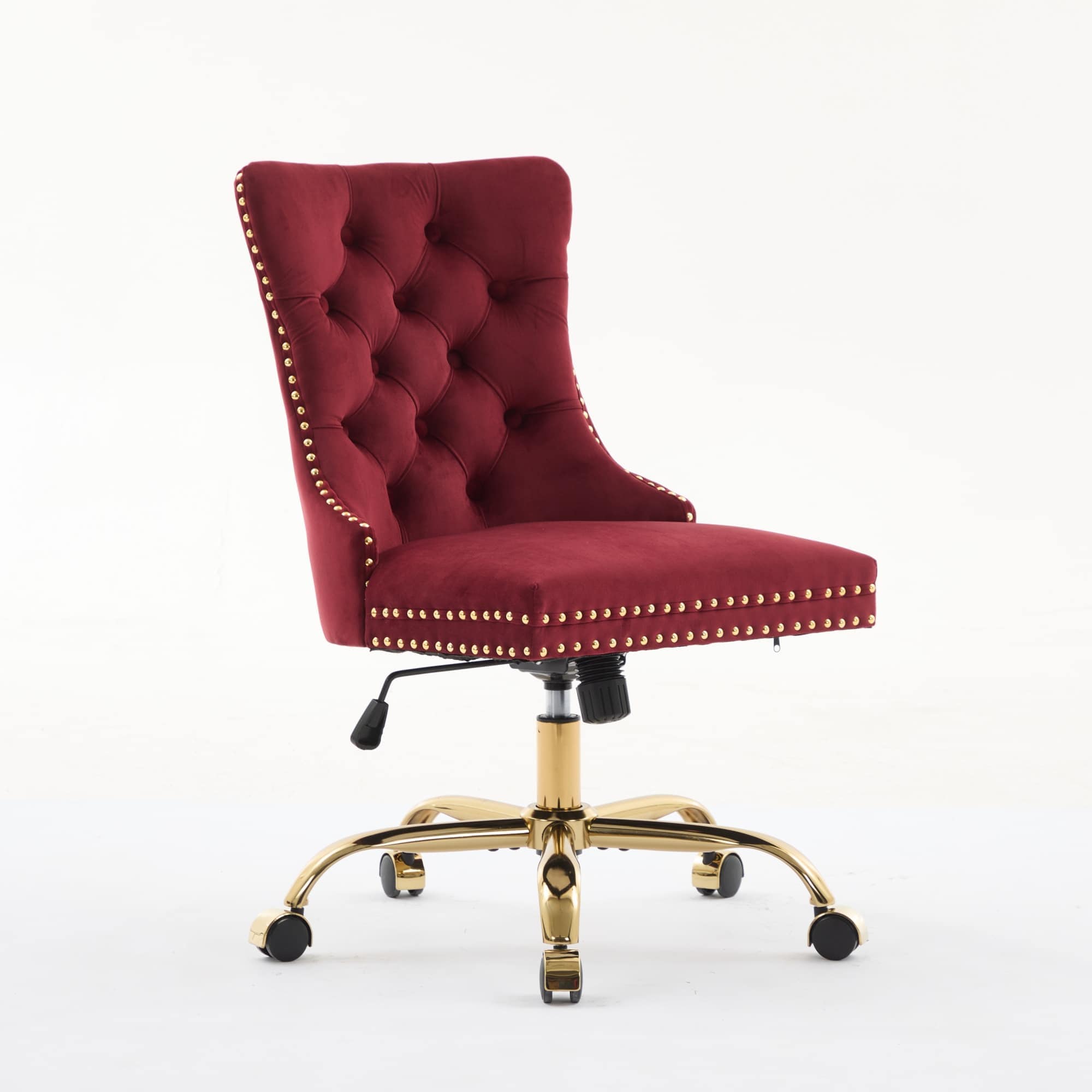 Vynxaria - Wine Red Velvet Tufted Button Adjustable Swivel Office Chair Golden Metal Base Set of...