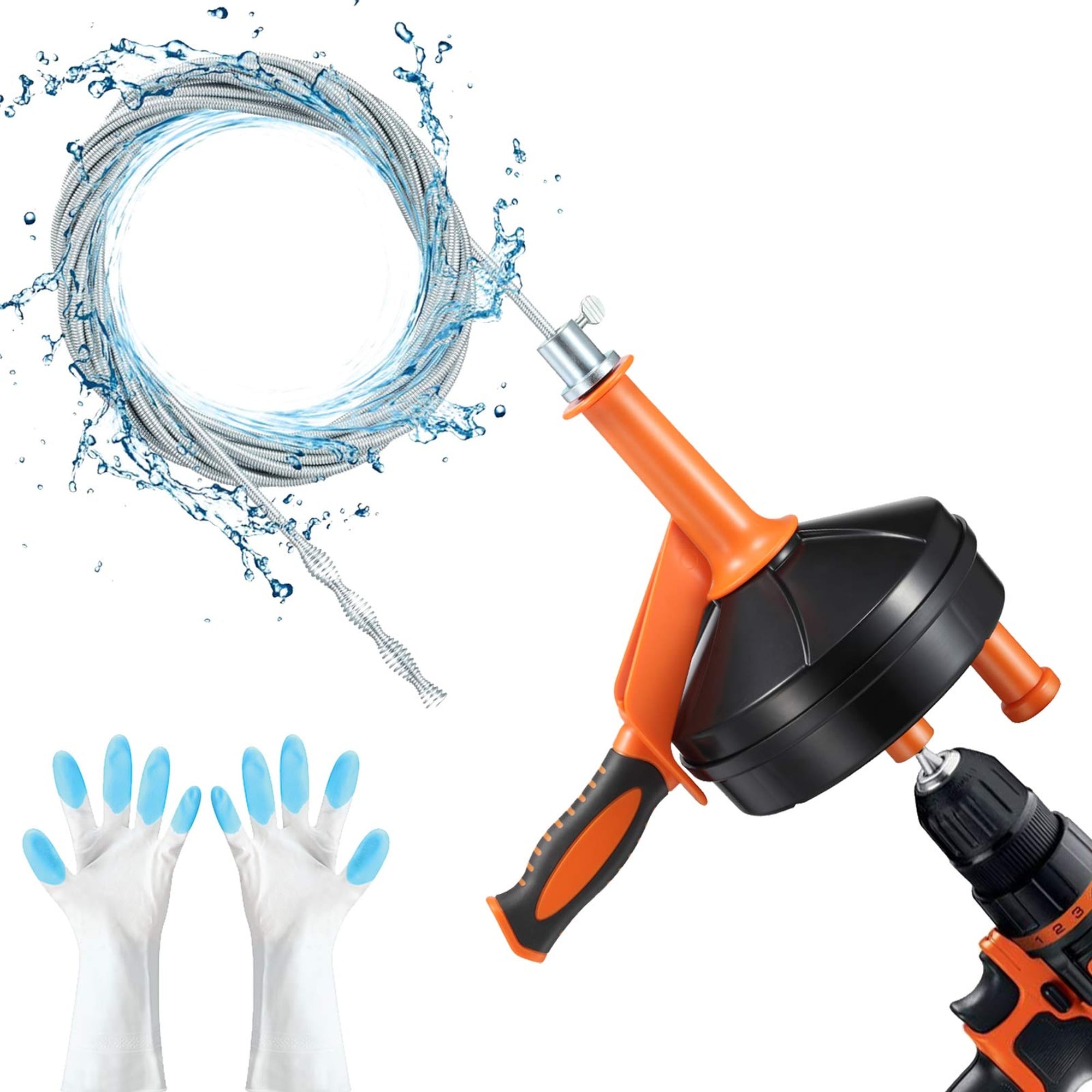 Numhew 25 ft Orange Flexible Drain Auger with Drill Adapter Clog Remover