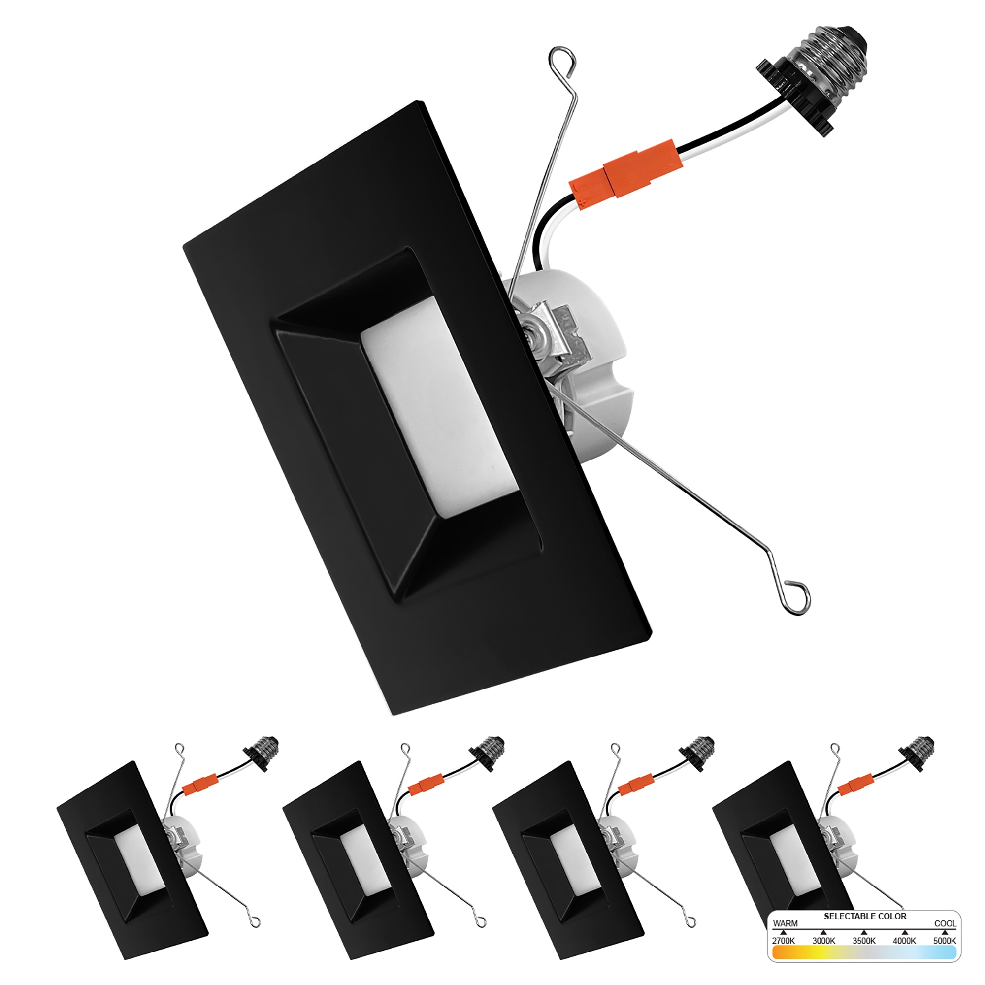 NUWATT SQ-C6-14W-5CCT-BLK-4 Square Trim 2700K-5000K Selectable Retrofit Black 6-in 1100 -Lumens Switchable Square Dimmable LED Canless Wet rated Recessed Downlight 4 -Pack