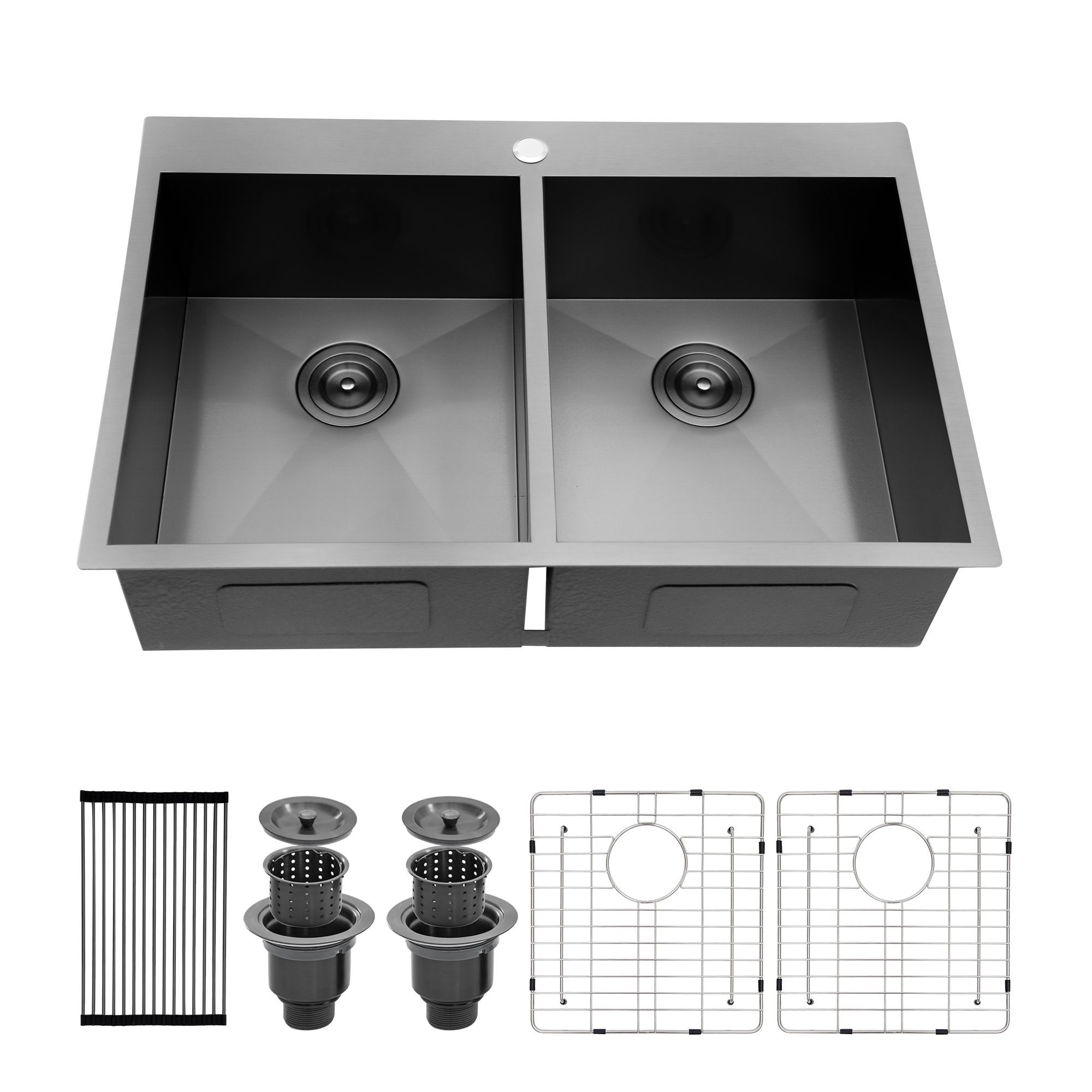 Tatayosi 33 Inch Kitchen Sink Drop-in Topmount Sink 16 Gauge Double Bowl 50/50 Gunmetal Black Stainless Steel Sink