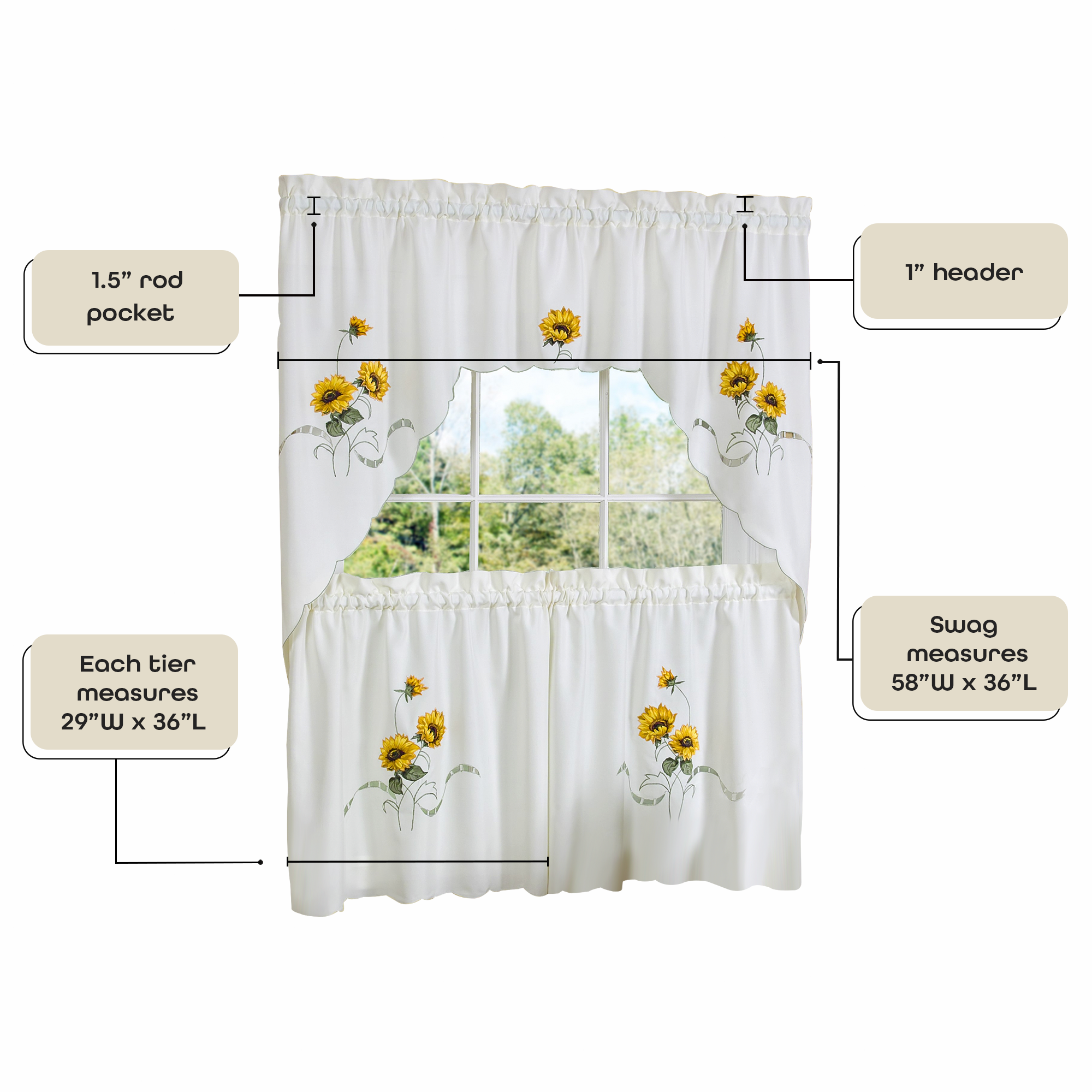 White and Yellow Sunflower Embellished Tier Curtain Set