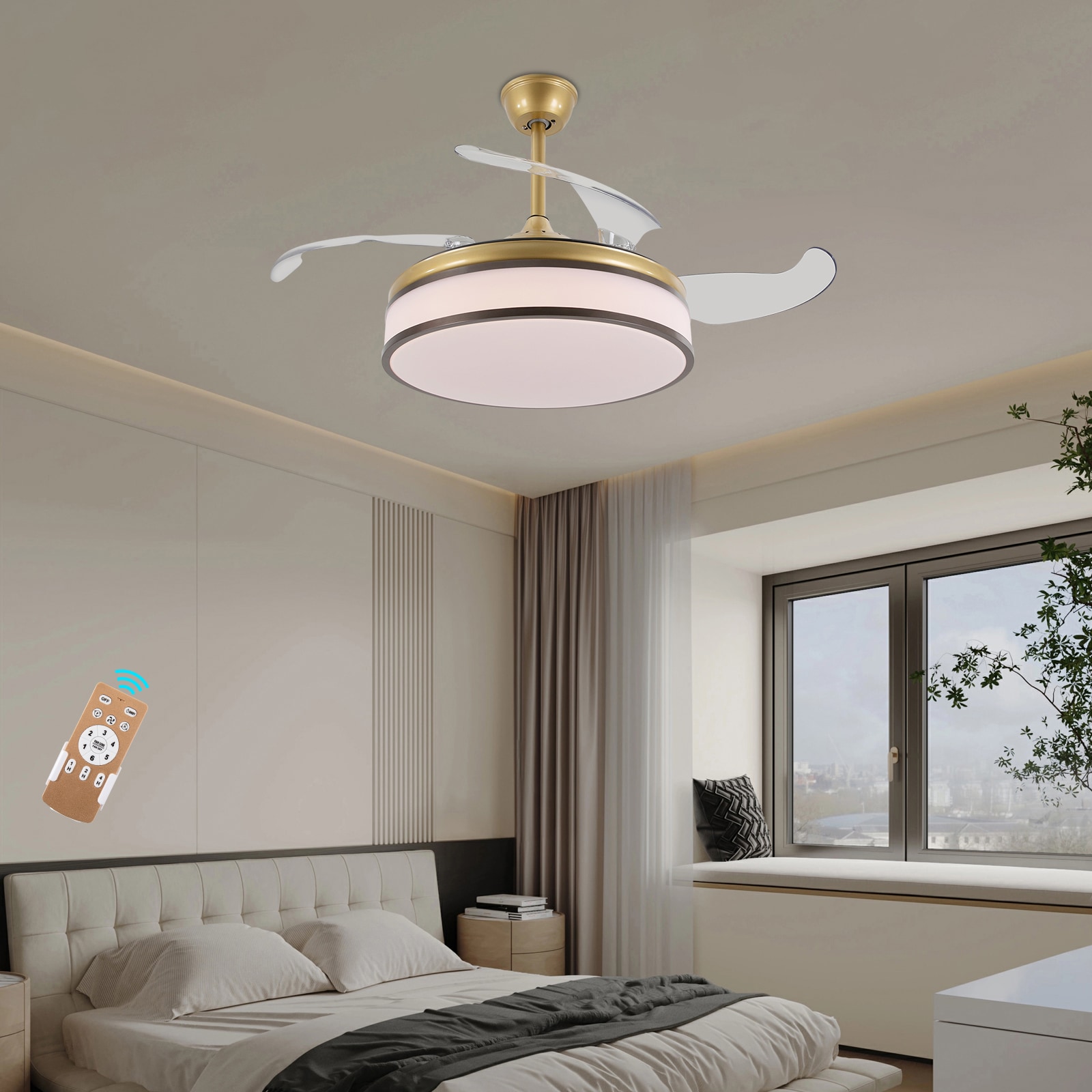 Oukaning JZUCOD-01430099 42-in Color-Changing Integrated LED Gold CJ131 with ABS Blades Ceiling Fan With Light - Remote Included ( 4 -Blade )