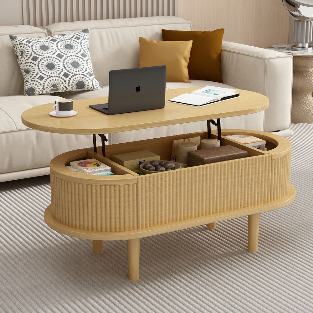 Blisstyle Fluted Lift Top Coffee Table With Hidden Compartment Wooden Center Table Modern Oval Lift Tabletop For Home Living Room Office Natural Color Coffee Table Contemporary Living Room Accent Table