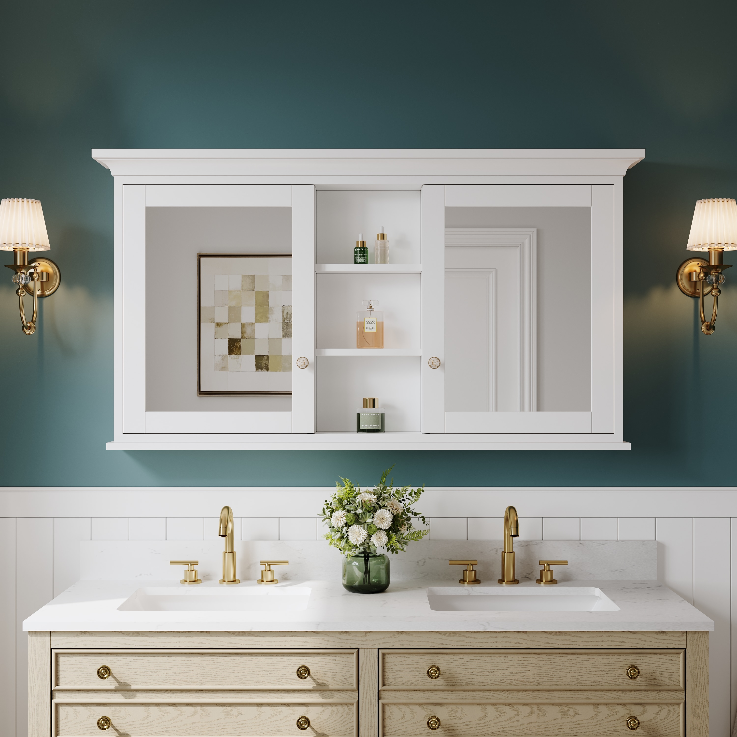 Gtnali - 55-in W x 30-in H Solid Wood Framed Bathroom Medicine Cabinet with Mirror Soft-Close Doo...