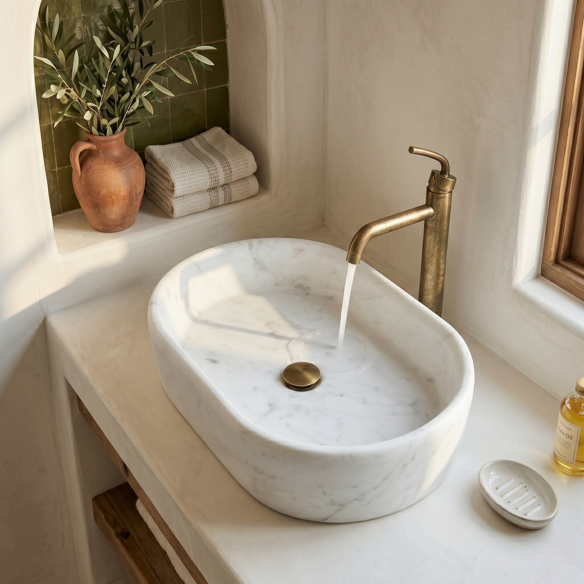 CASAINC natural marble bathroom vessel sink Natural Stone 23.6-in Vessel Elliptical Modern White Bathroom Sink