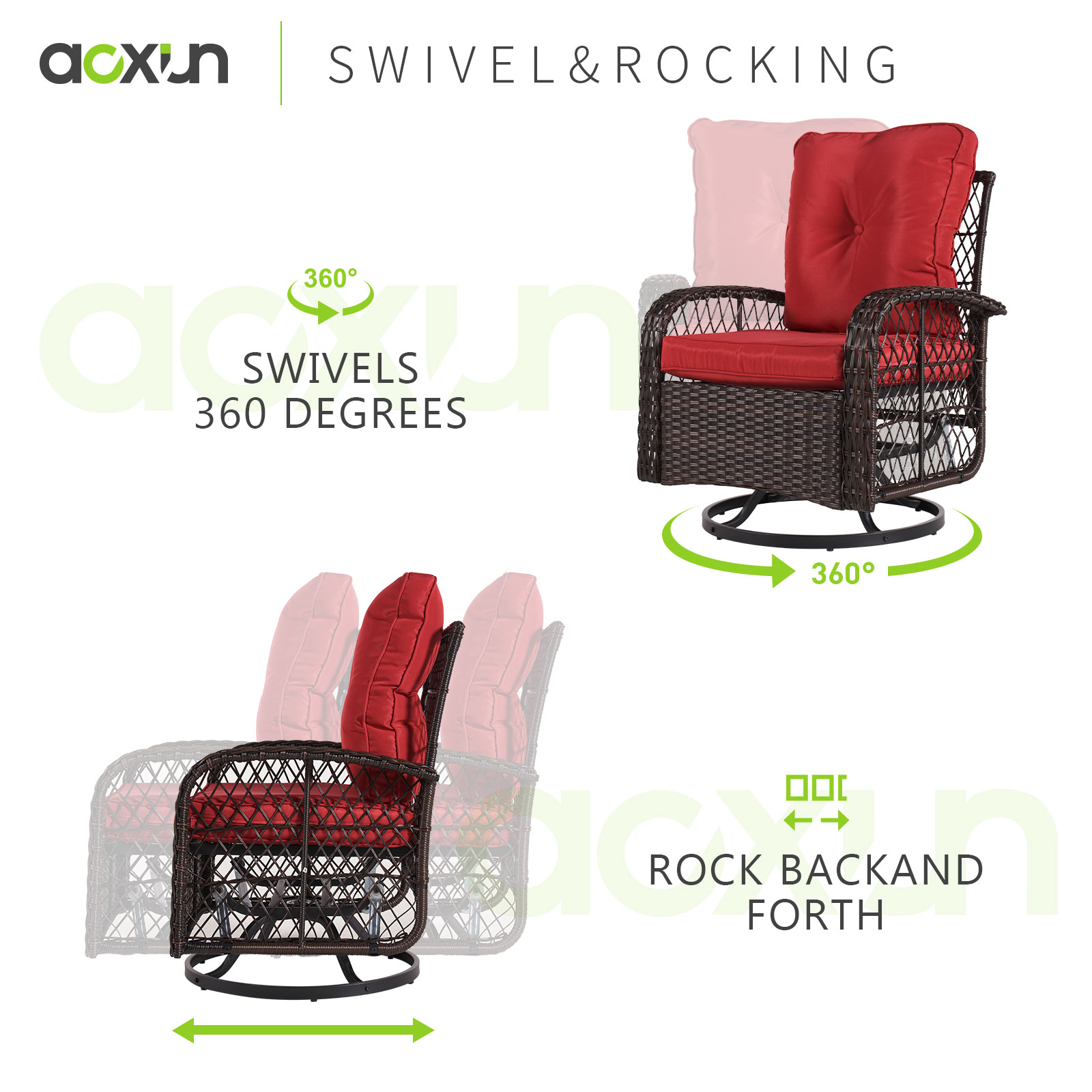 Red Cushioned Wicker Patio Bistro Set with Swivel Rocking Chairs