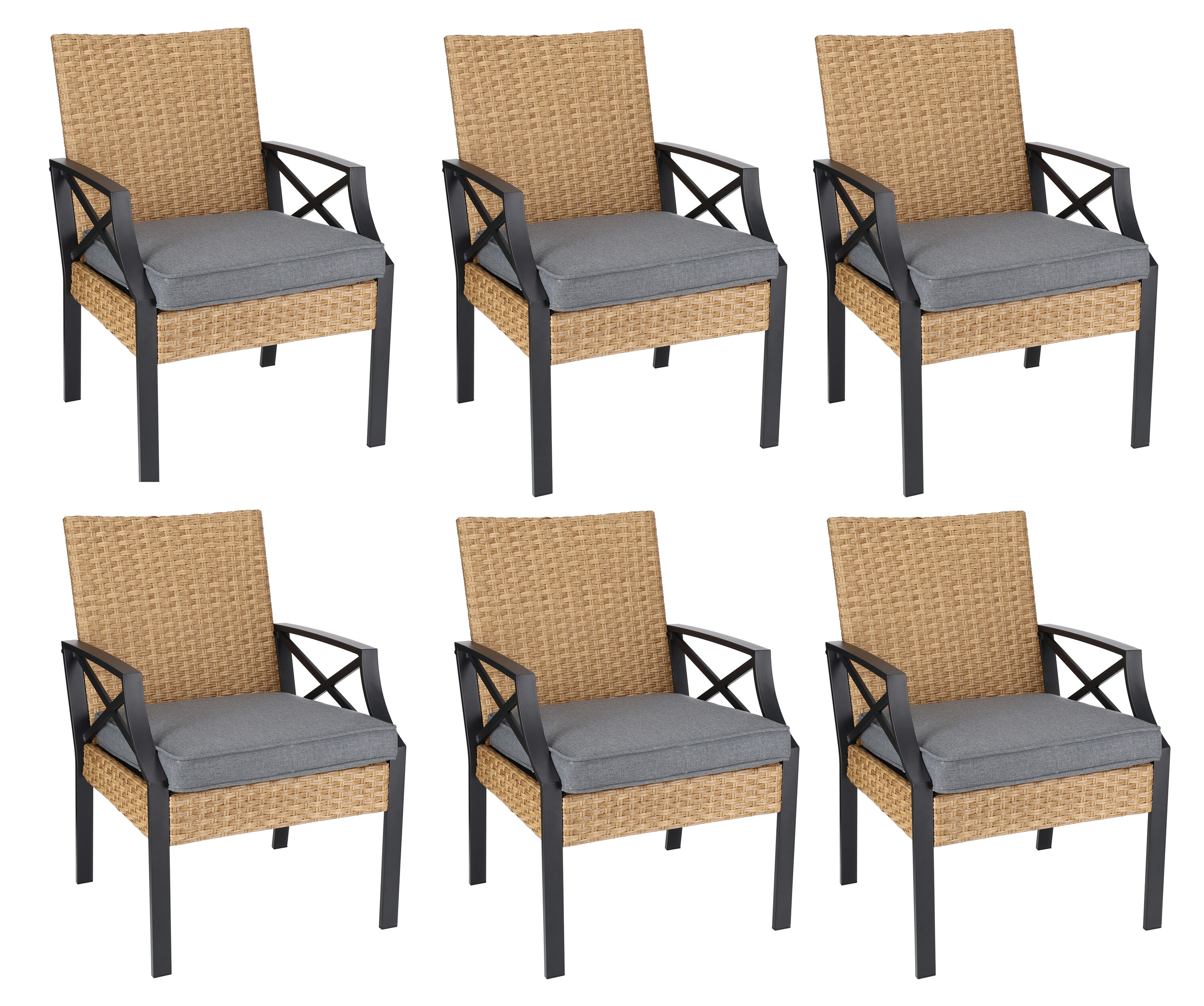 Style Selections CR-26S026B Kenwood Set of 6 Wicker Black Steel Frame Stationary Dining Chair with Gray Cushioned Seat