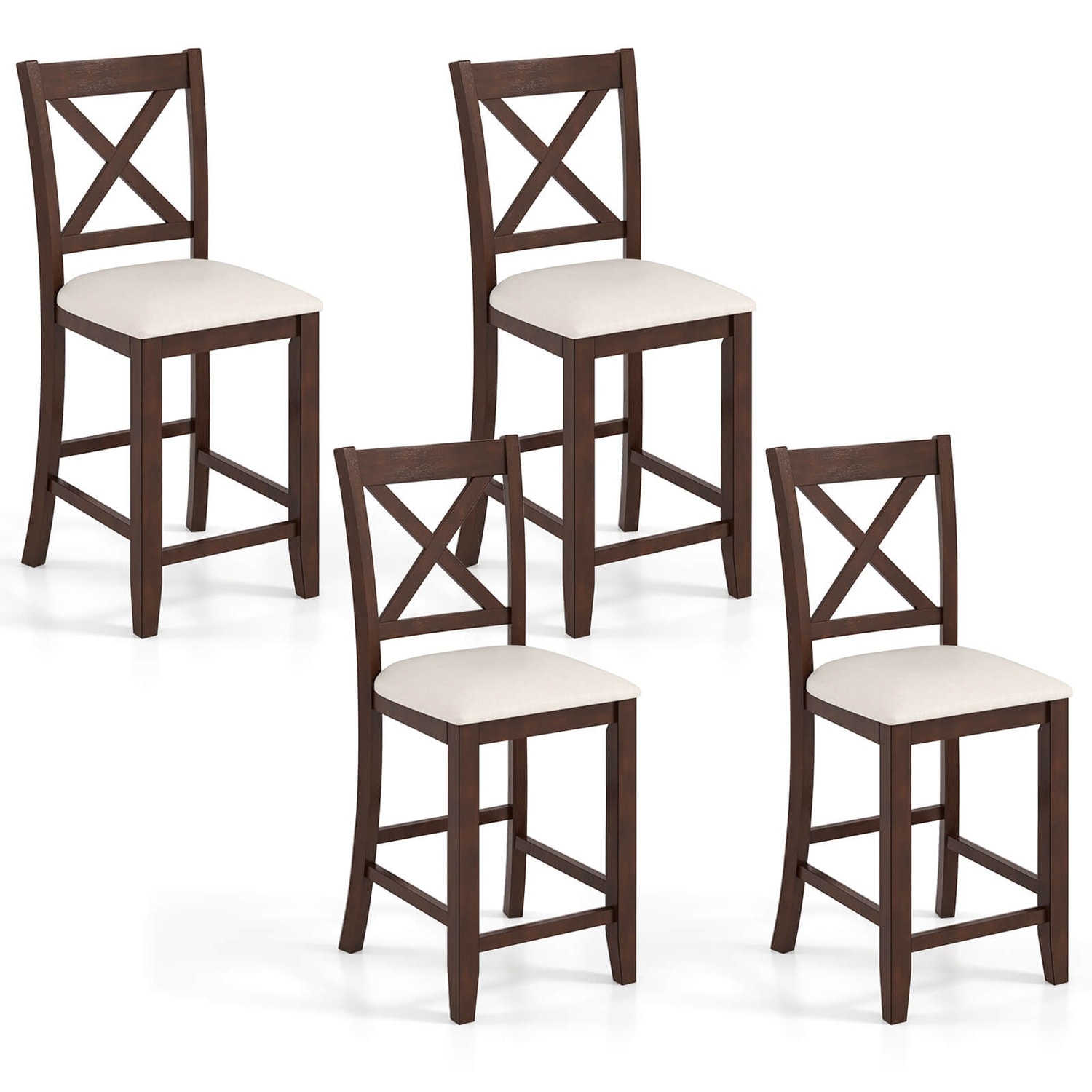 Costway -  Rubber Wooden Bar Stools Set of 4 with Footrest Comfortable Linen Cushion