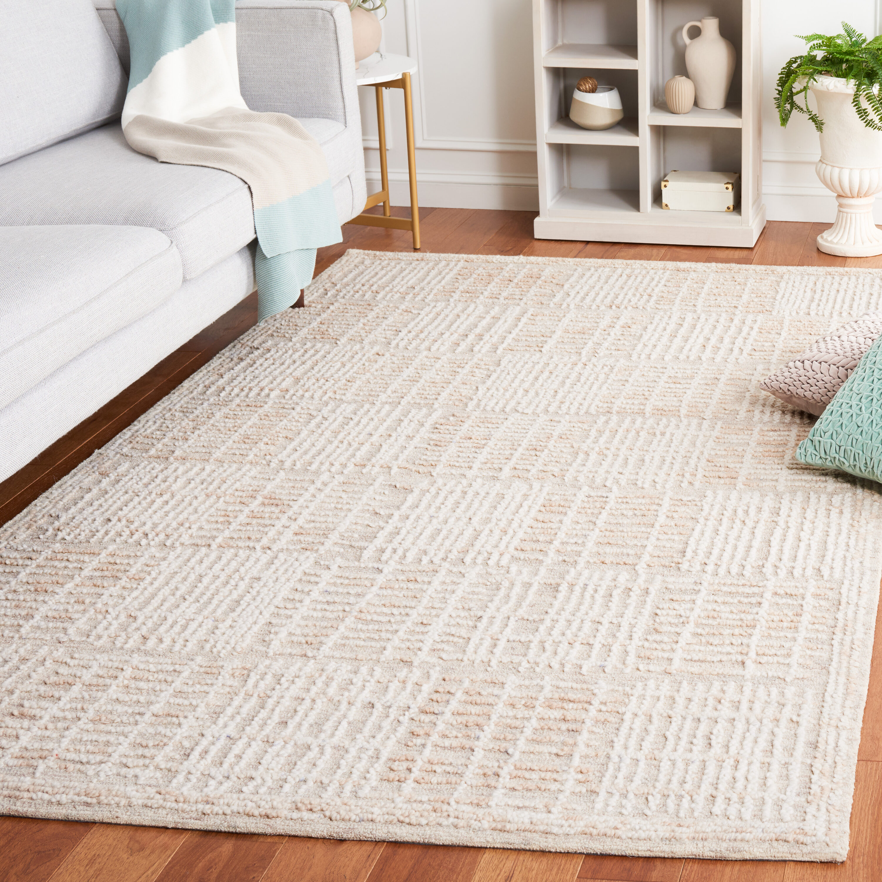 Abstract 5 x 8 (ft) Tufted Wool Light Brown/Ivory Rectangular Indoor Geometric Mid-Century Modern Spot Clean Only Area rug