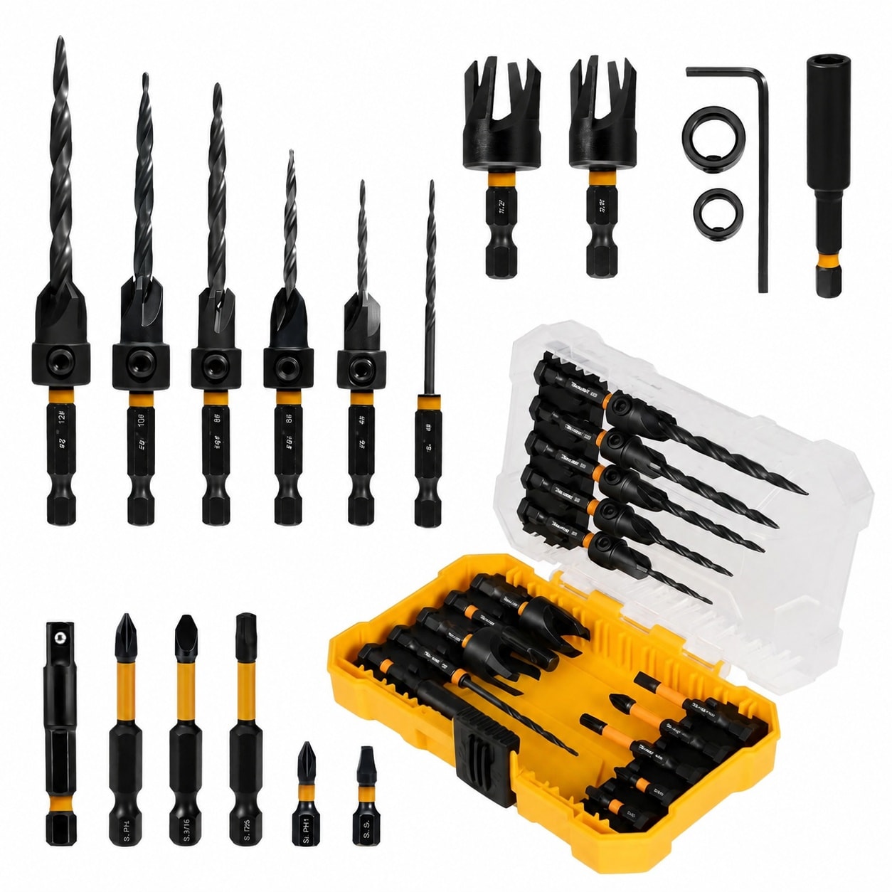 Adrinfly  Countersink Drill Bit Set 18 Piece Tapered Drill Bits Wood Plug Cutters Magnetic Extension Hex Shank Storage Case
