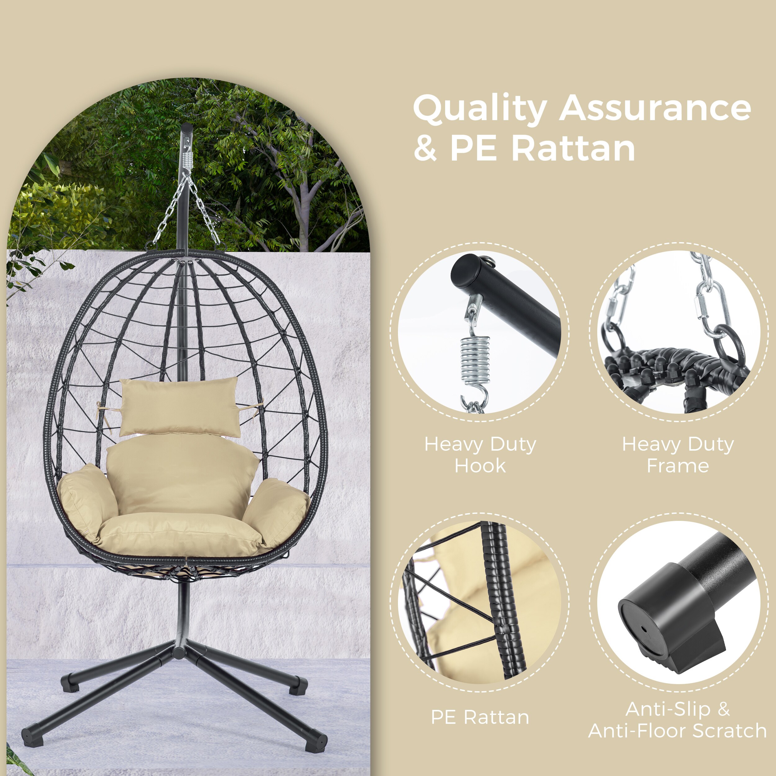 CESICIA Patio Chairs Rattan Beige Rattan Frame Hanging Egg Chair with ...