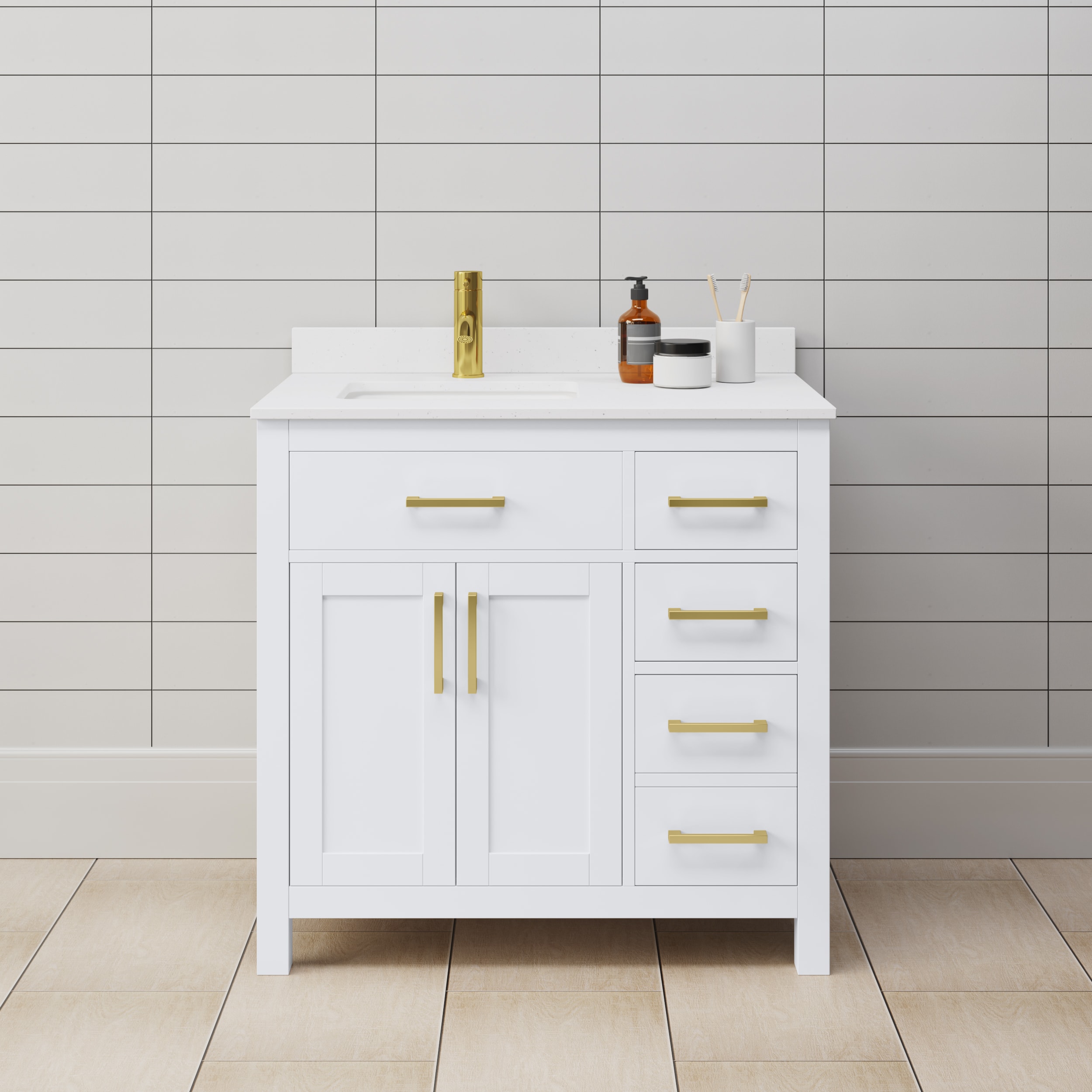 Wyndham Collection WCG242436SWGWCUNSMXX Beckett 36-in White with Brushed Gold Trim Undermount Single sink Bathroom Vanity with White Cultured Marble Cultured marble Top