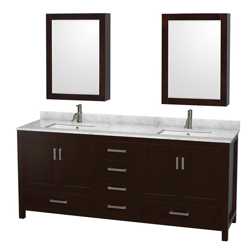 Wyndham Collection WCS141480DESCMUNSMED Sheffield 80-in Espresso Undermount Double Sink Bathroom Vanity with White Carrara Natural Marble Top (Mirror Included)
