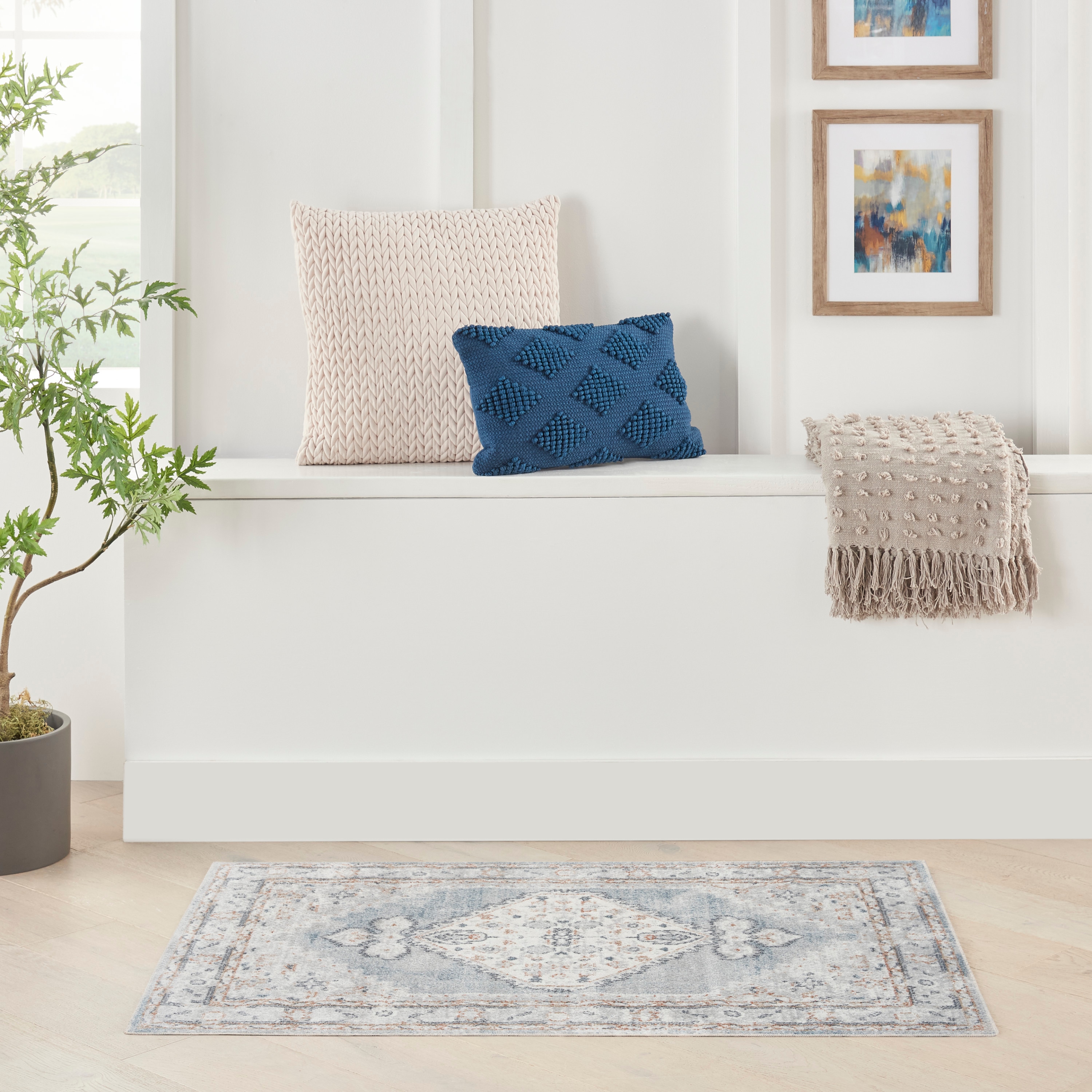Nourison 099446124661 Astra Machine Washable 3 x 5 (ft) Loomed Polyester Light Blue Rectangular Indoor Distressed/Overdyed Vintage Machine washable Area rug