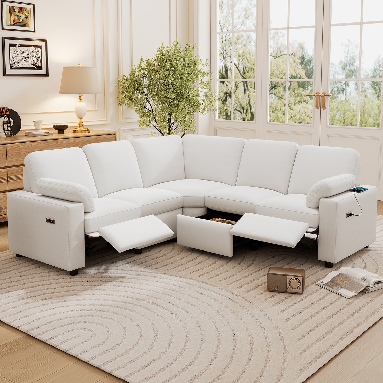 GZMR GZ-HH4S018 89" Power Recliner Sectional Sofa 88.9-in Modern Beige Linen 5 -seater Reclining Sofa