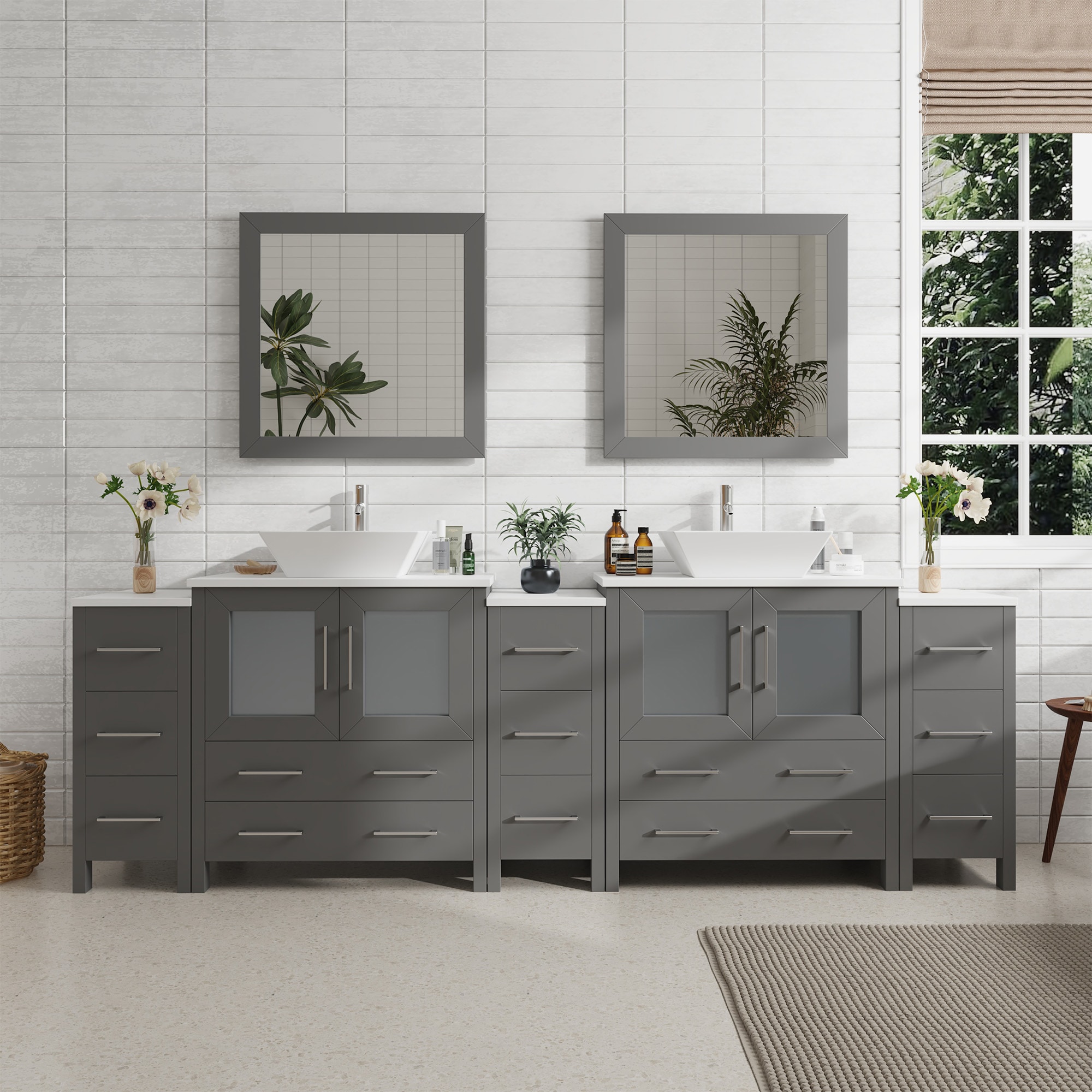 Vanity Art VA3130-96G Ravenna 95-in Grey Double sink Bathroom Vanity with White Engineered marble Top (Mirror Included)