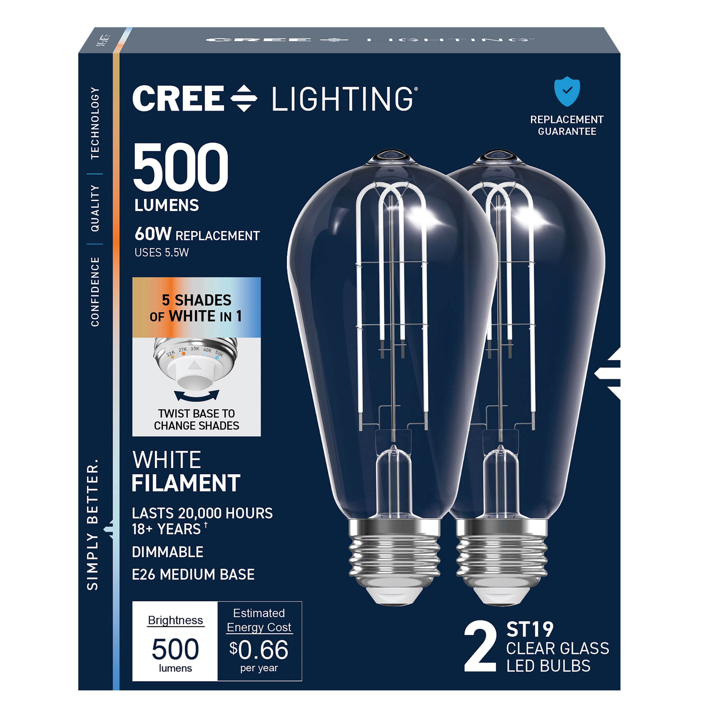 Cree Lighting 60 -Watt EQ ST19 Switchable white Medium screw base E26 Dimmable LED Decorative Light Bulb 2 -Pack