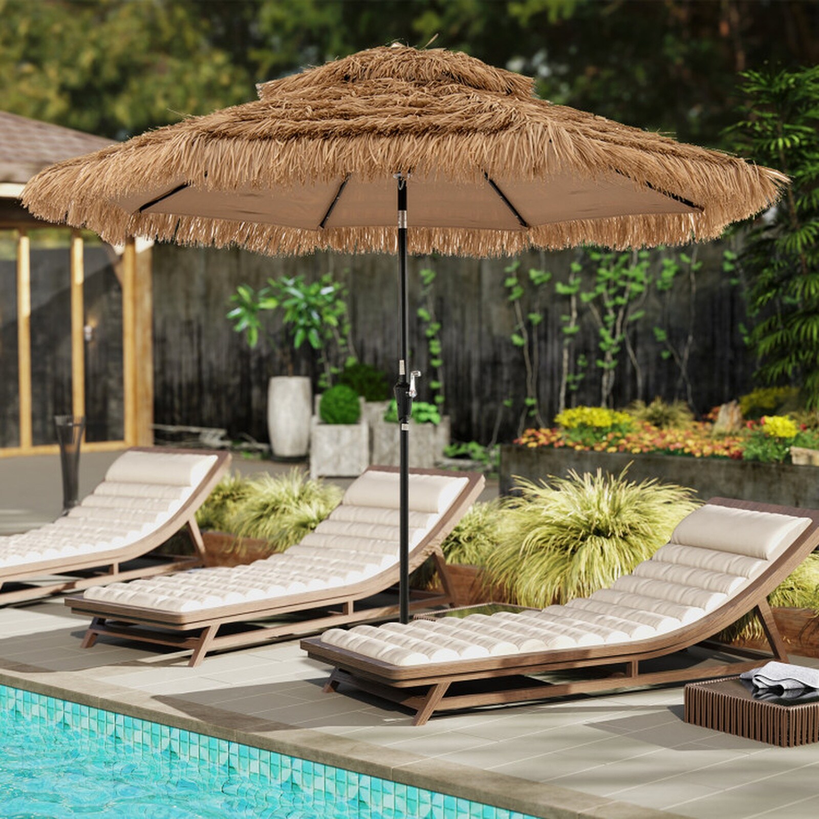 SUGIFT 10-ft Hawaiian Thatched Tiki Patio Umbrella with 32 Solar LED ...