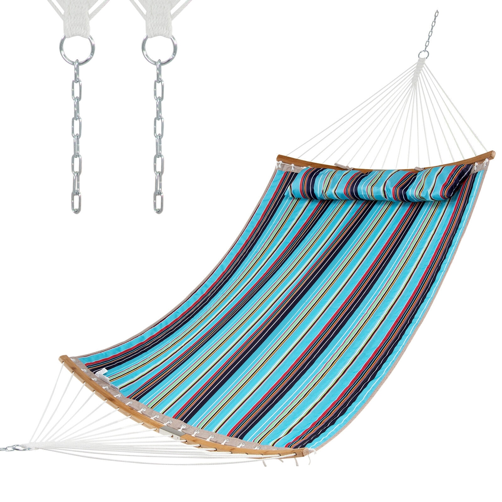 WELLFOR TDG10458BL Outdoor Hammock with Detachable Pillow Blue Stripe Fabric Hammock