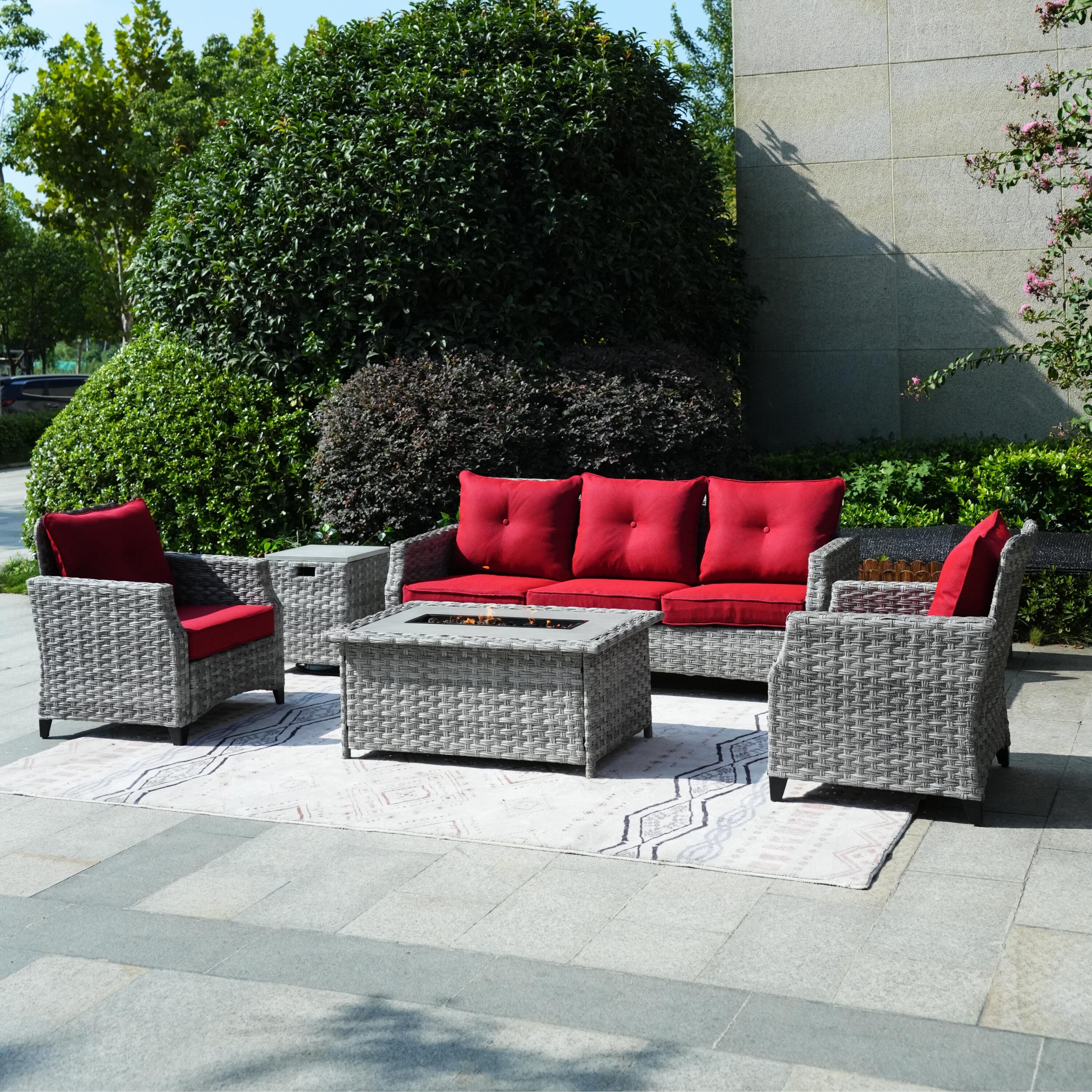 Direct Wicker DWG-1802S-RED 5 -Piece Wicker 3 Patio Sofa Conversation Set with Red Cushions