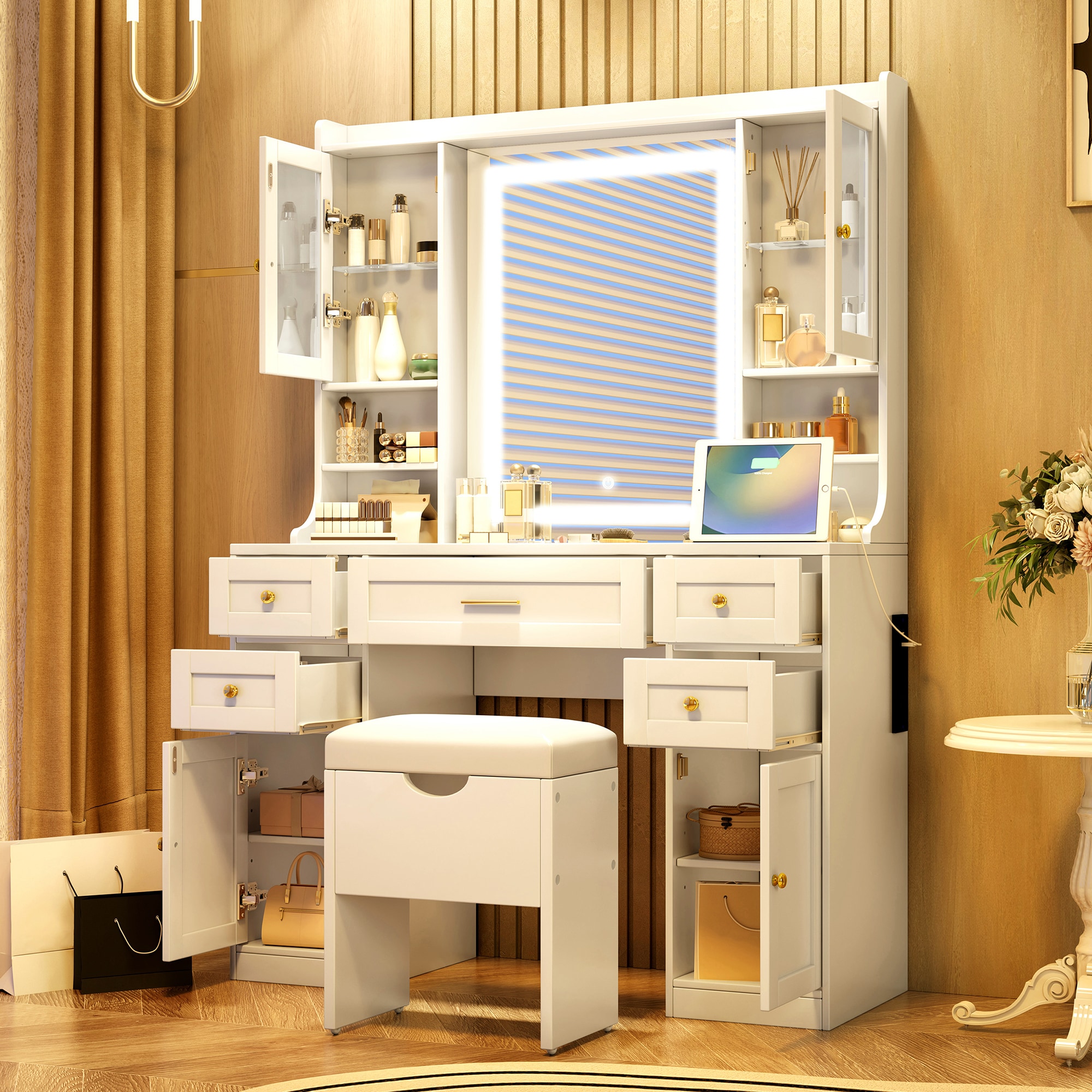 LOVMOR SF-R-N704P210496K 41.4 inch Makeup Vanity Desk with Mirror and Lights Makeup Table with 5 Drawers and 4 Cabinets White
