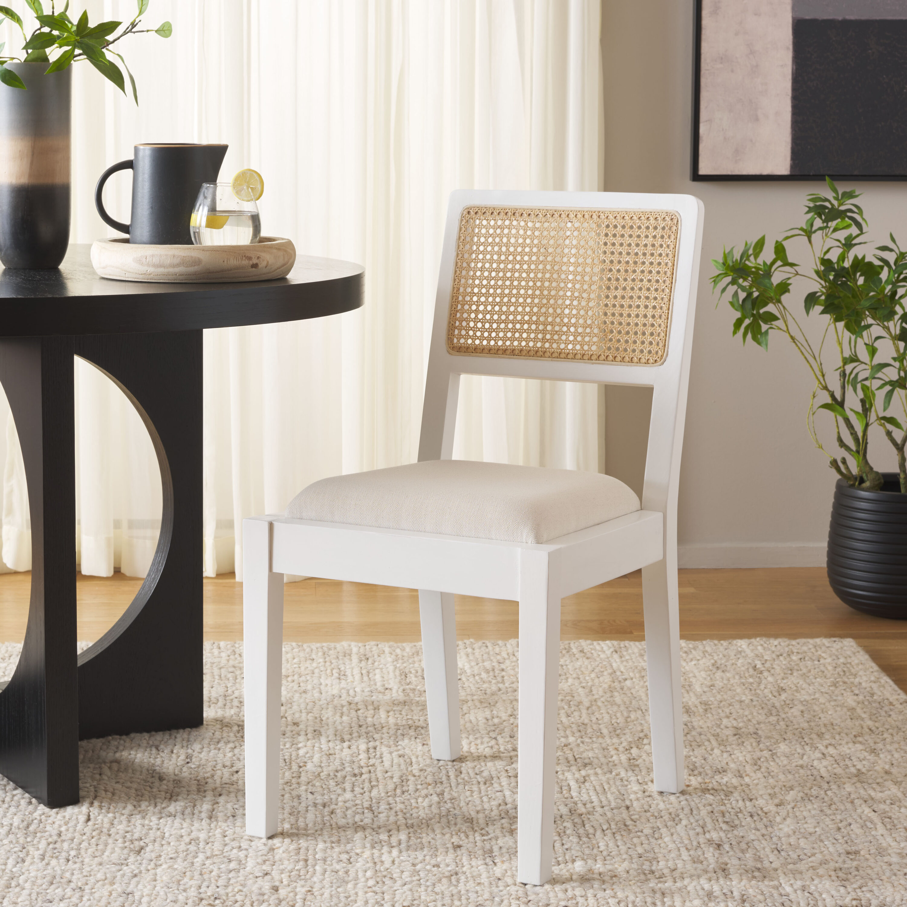 Suzetta White and Natural Pine Wood Side Chair with Rattan Backrest