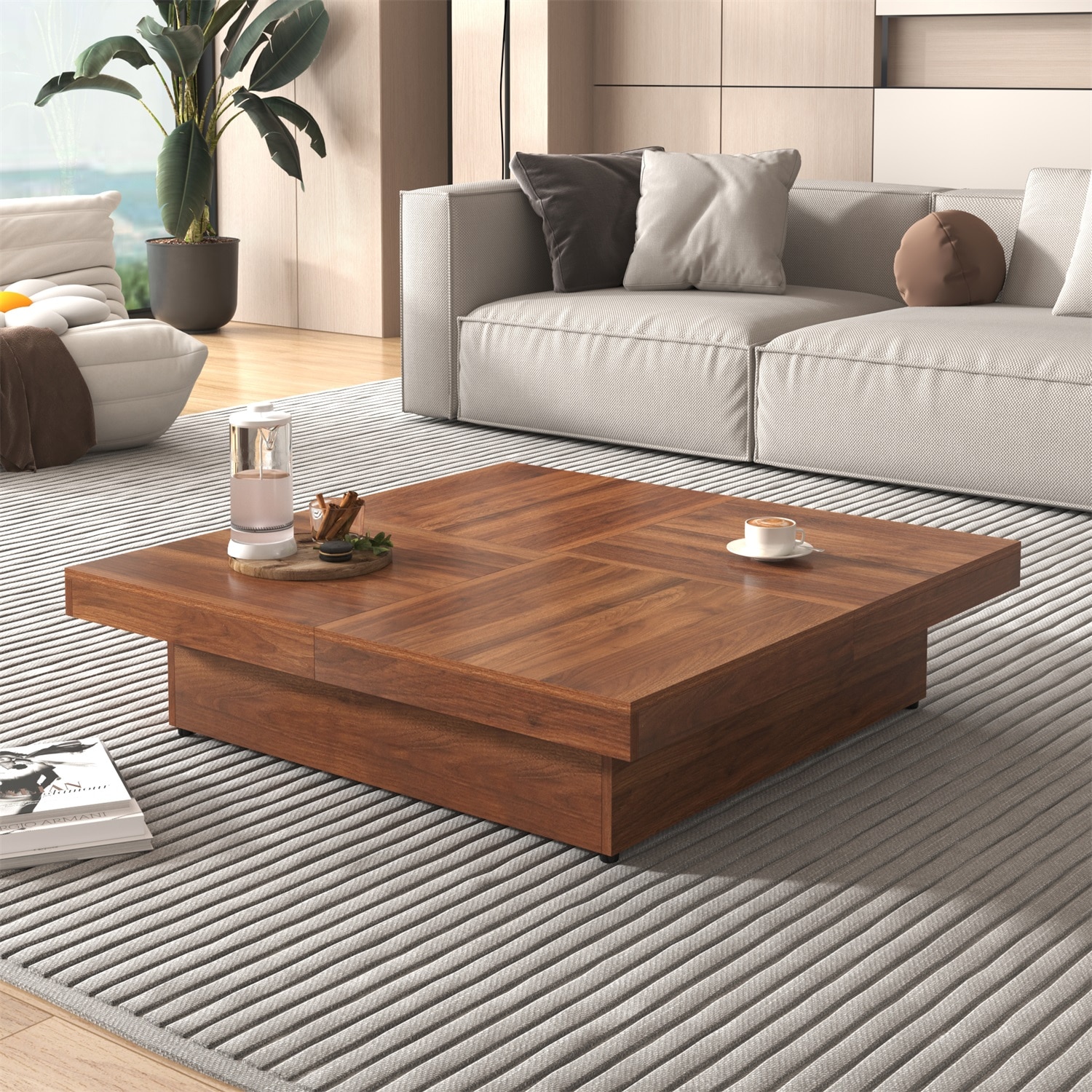 Mondawe OR-010AAB-US Walnut Grain Veneer Finish Fir MDF Modern Coffee Table with Storage