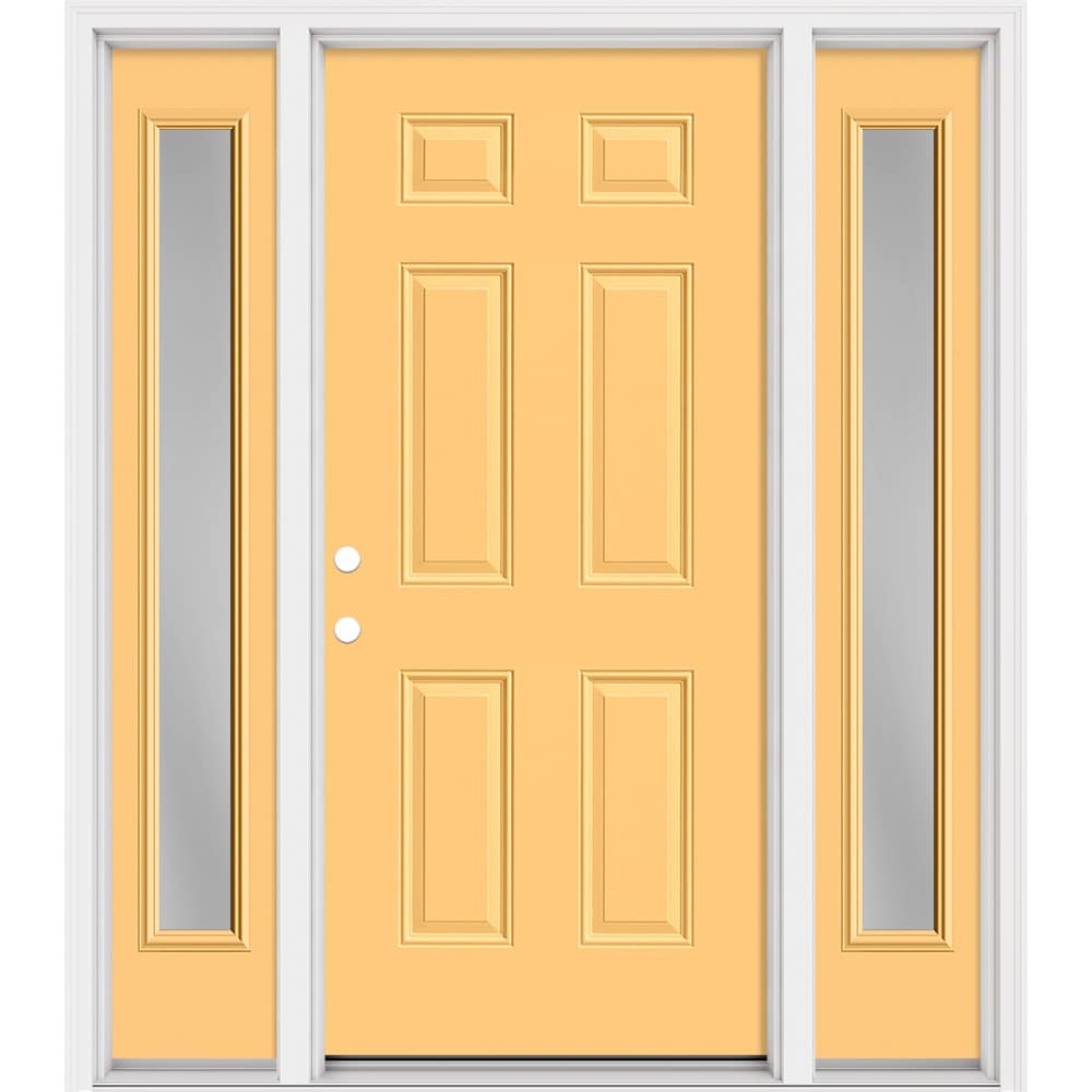 Masonite 321112 Steel Doors Series 64-in x 80-in x Steel No glass Right-hand inswing Cabana Yellow Painted Prehung Front Door with Sidelights with Brickmould Insulating core