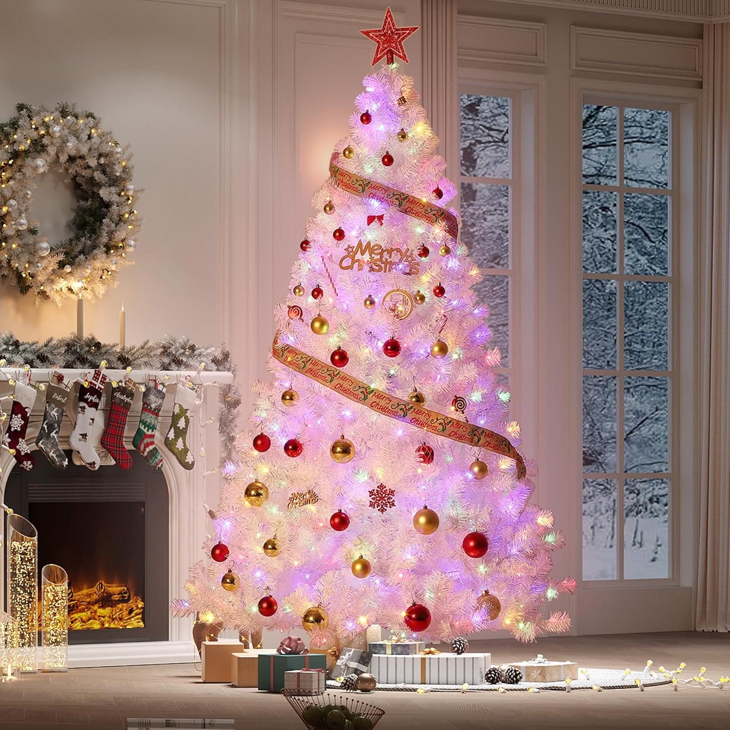 Garvee - 4.5FT White Christmas Tree with 150 Led Lights Artificial Christmas Tree with 288 Branc...