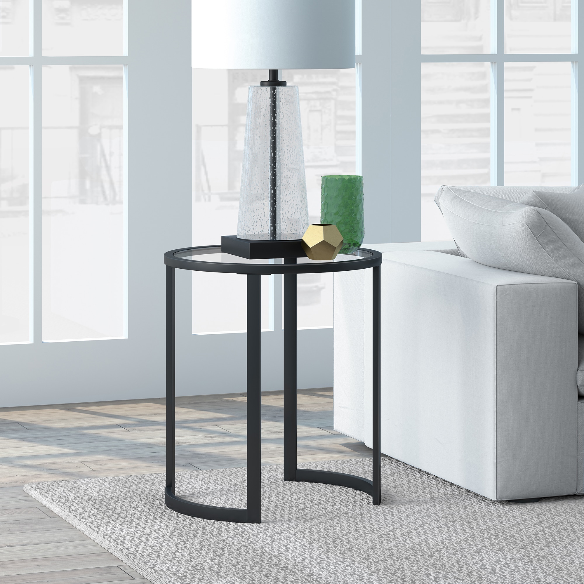 Blackened Bronze Round Metal and Glass Side Table